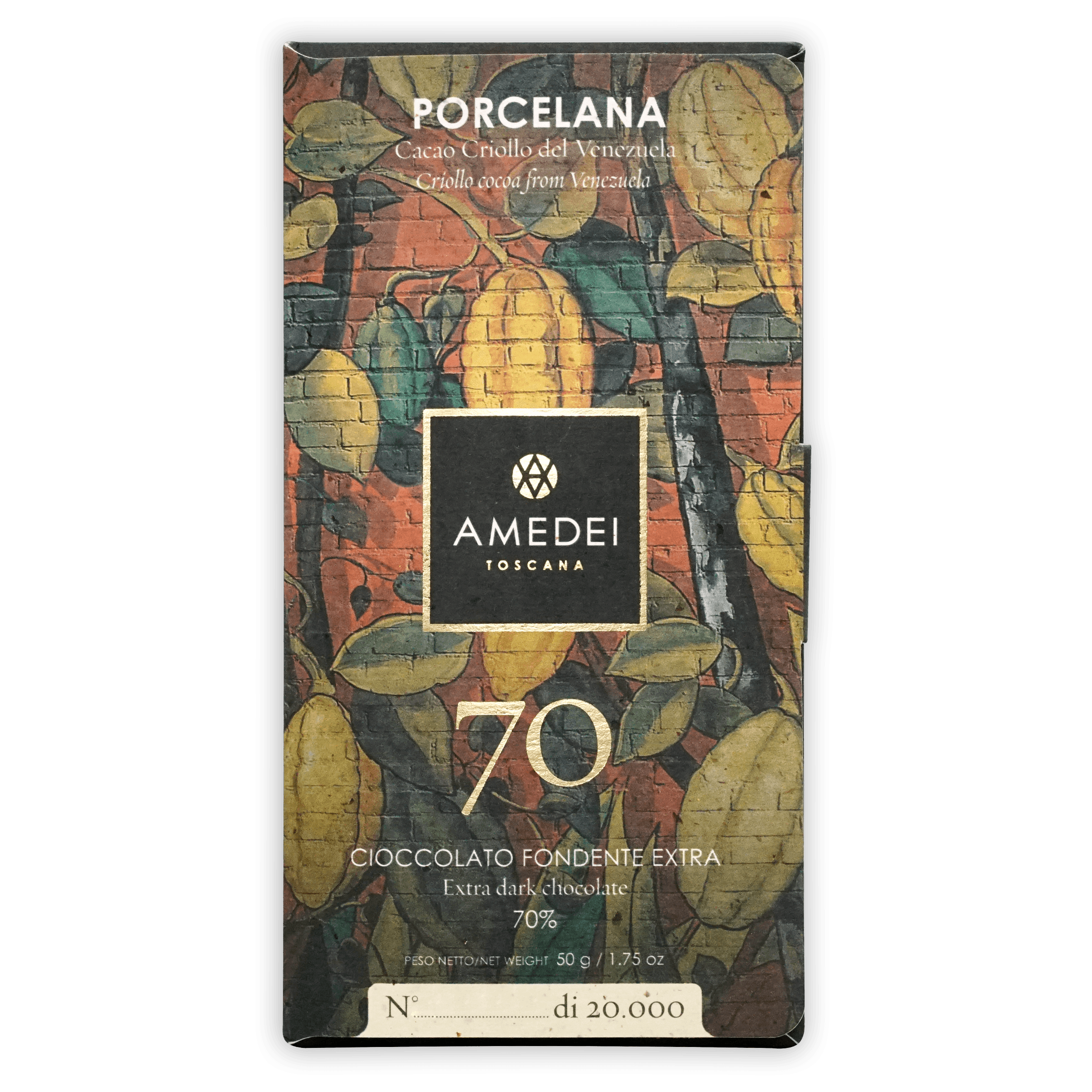 Amedei Porcelana 70% extra dark chocolate bar with cacao pod wrapper