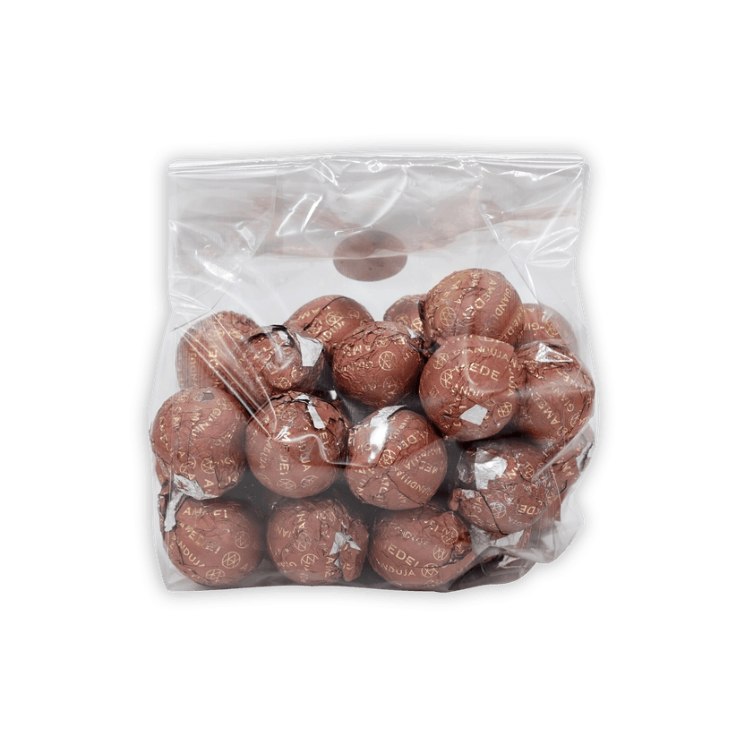 Amedei Pralines Milk w/ Crema Toscana Filling in glossy foil spheres