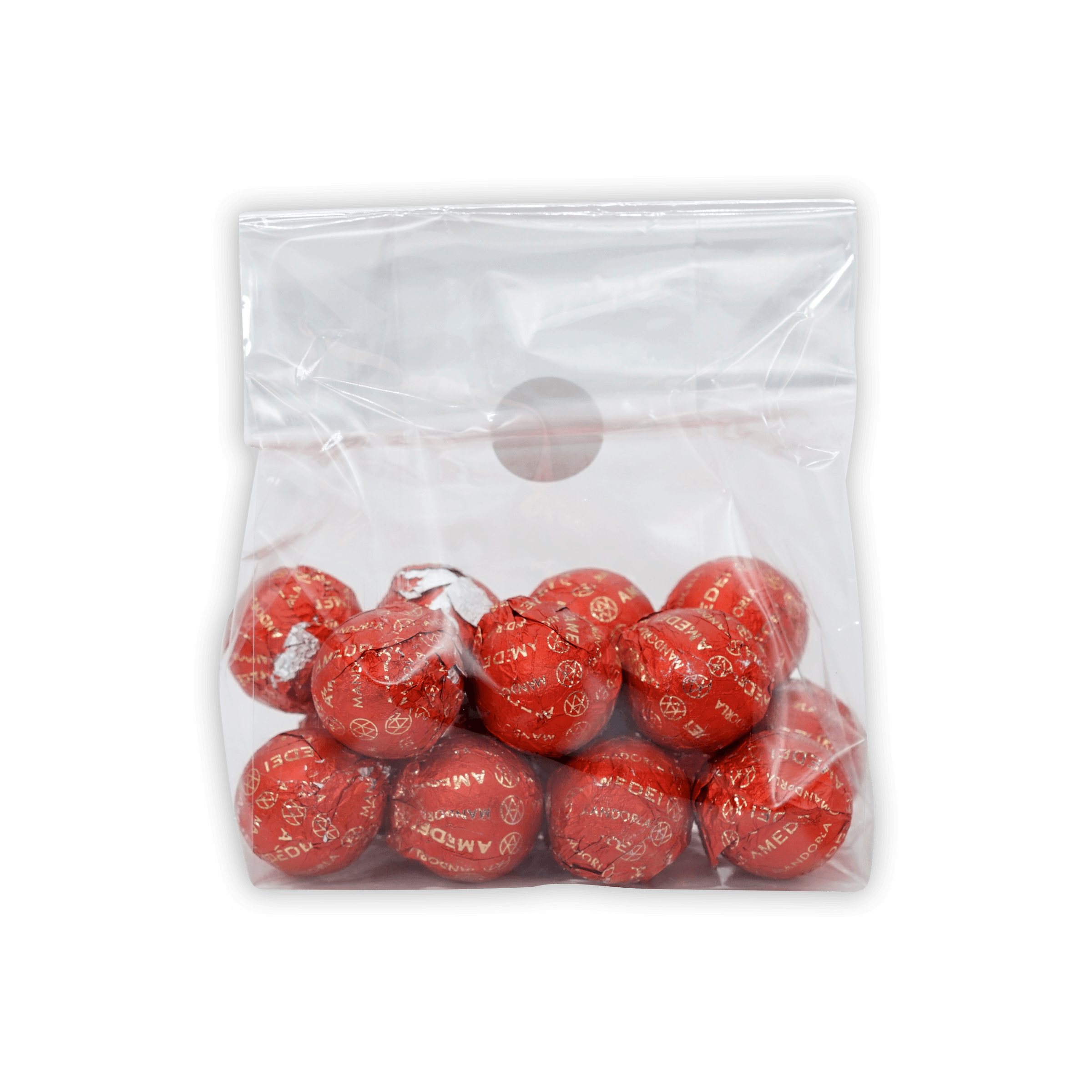 Amedei Pralines Dark w/ Almond Filling in clear bag of red foil-wrapped candies