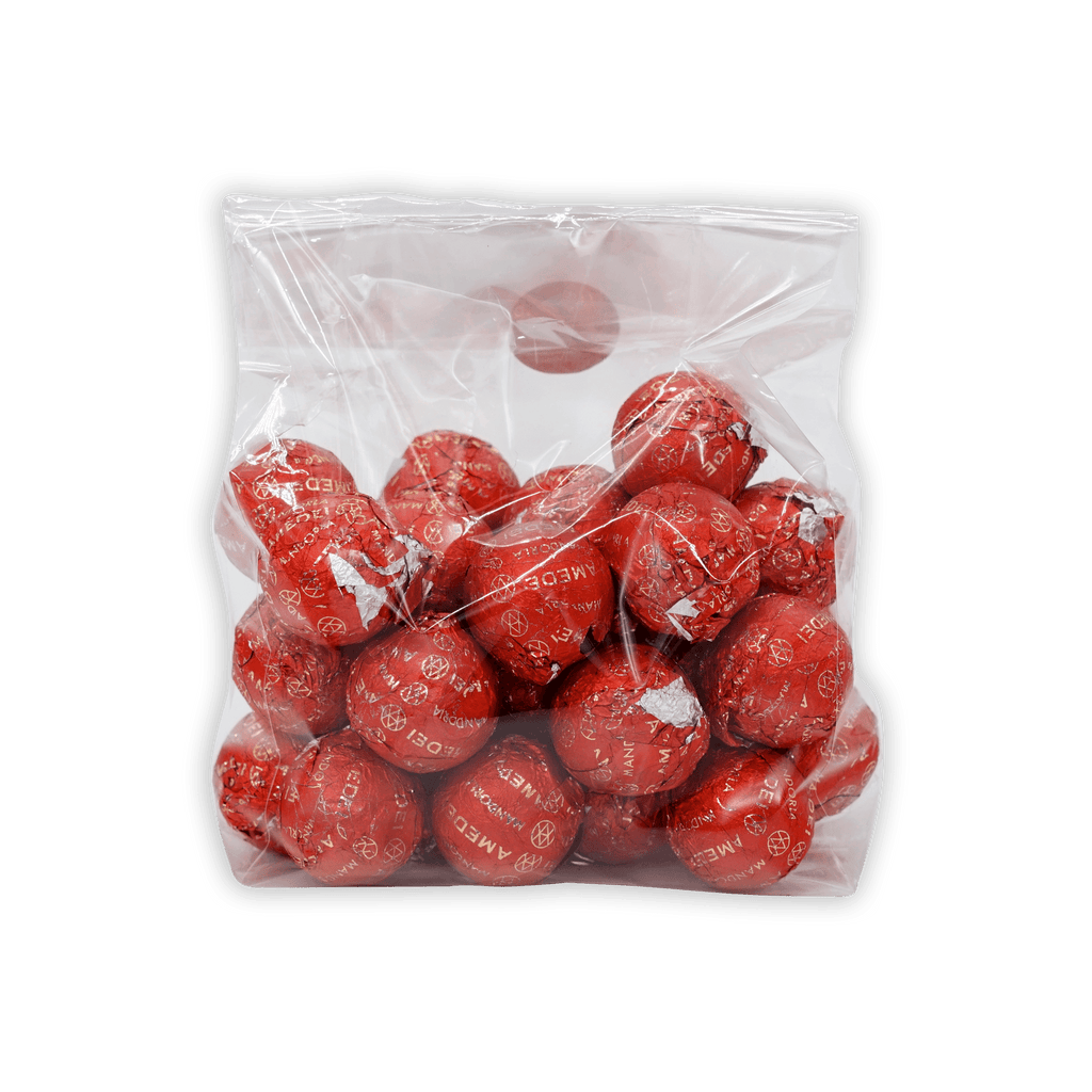 Amedei Pralines Dark with Almond Filling in clear bag of red foil candies