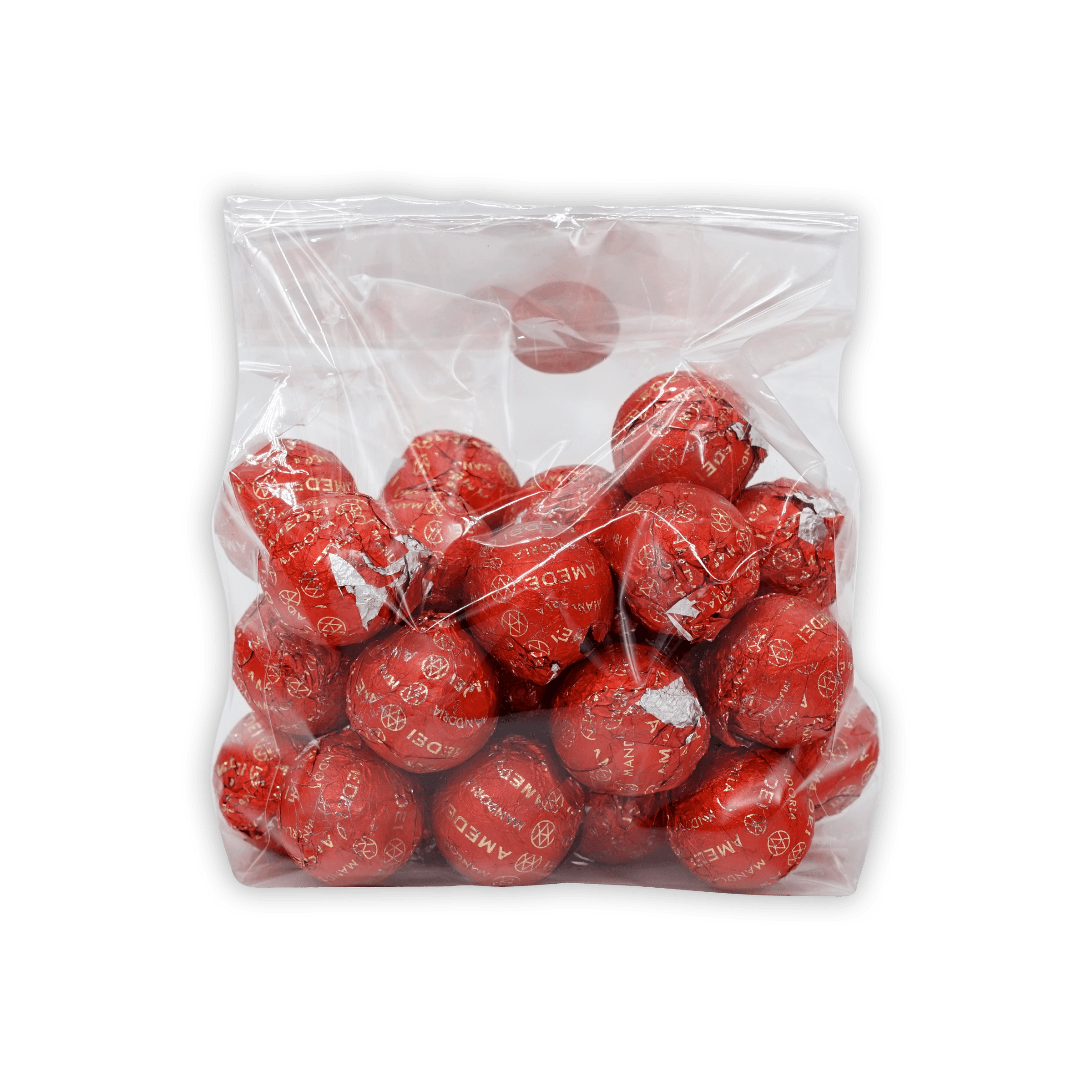 Amedei Pralines Dark with Almond Filling in clear bag of red foil candies