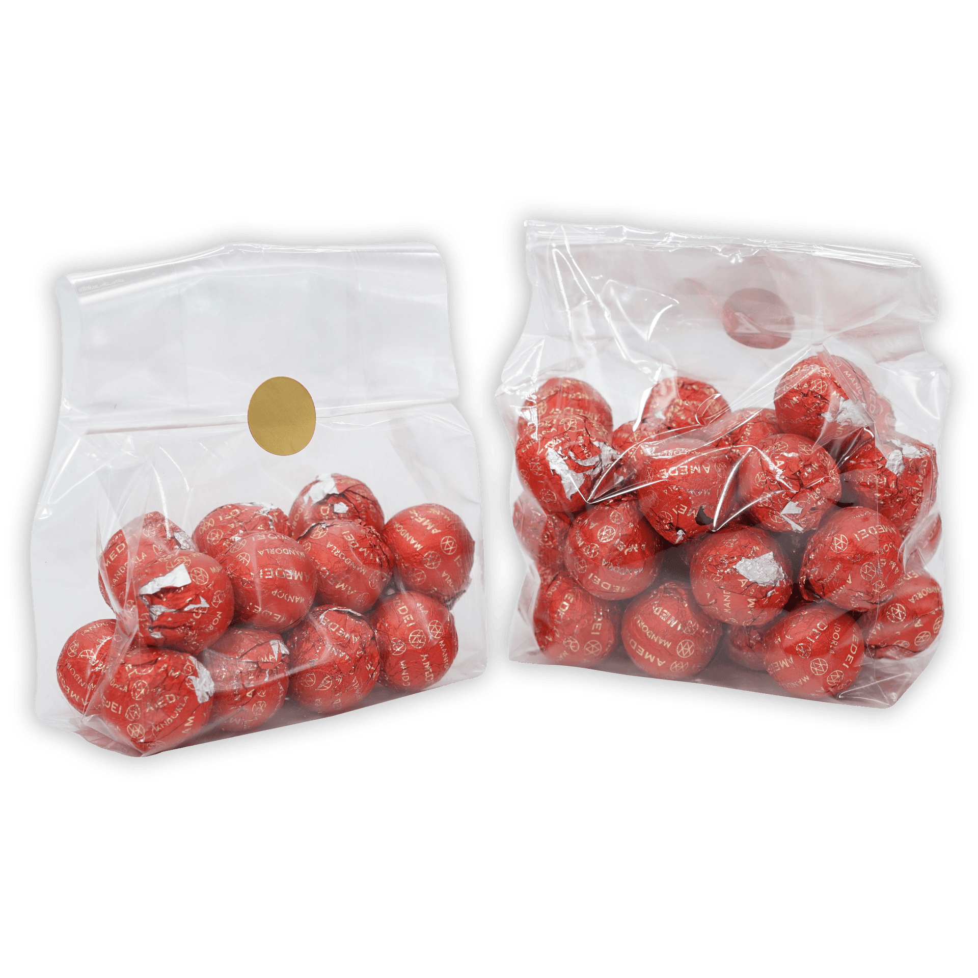 Two Amedei Pralines Dark w/ Almond Filling bags, one sealed, with red foil chocolates