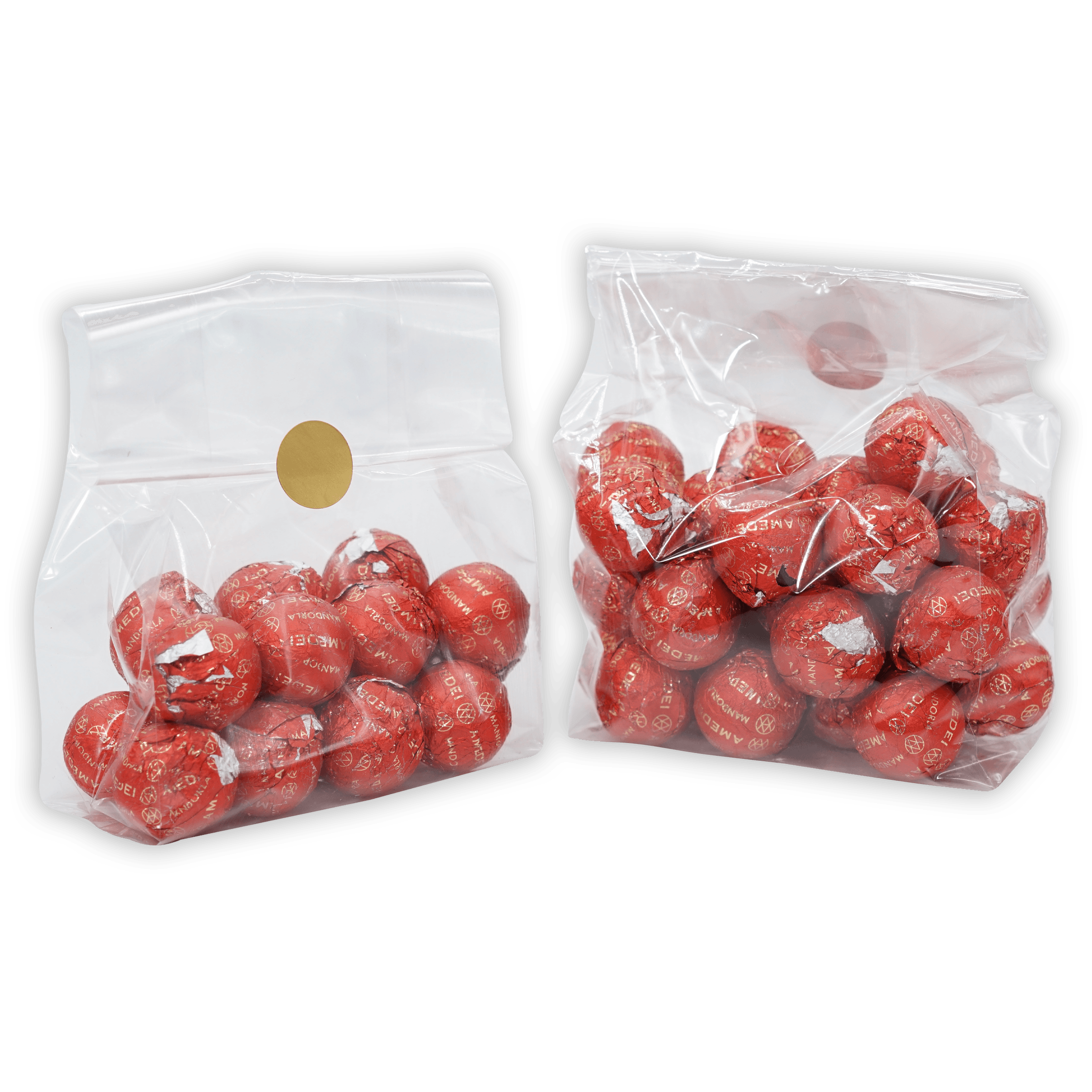 Two Amedei Pralines Dark w/ Almond Filling bags, one sealed, with red foil chocolates