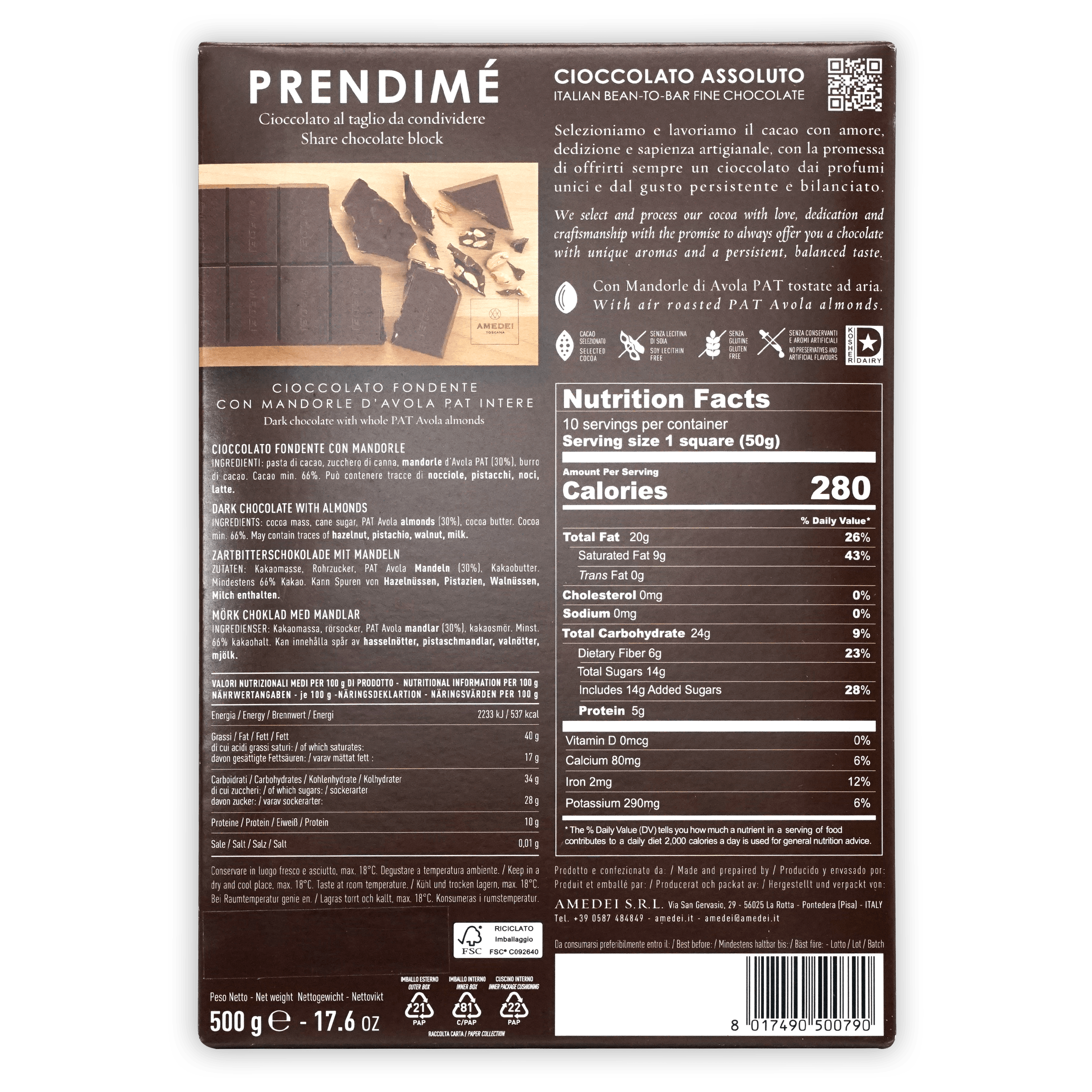 Amedei Prendimé 66% dark chocolate bar with whole toasted Avola almonds, 500g