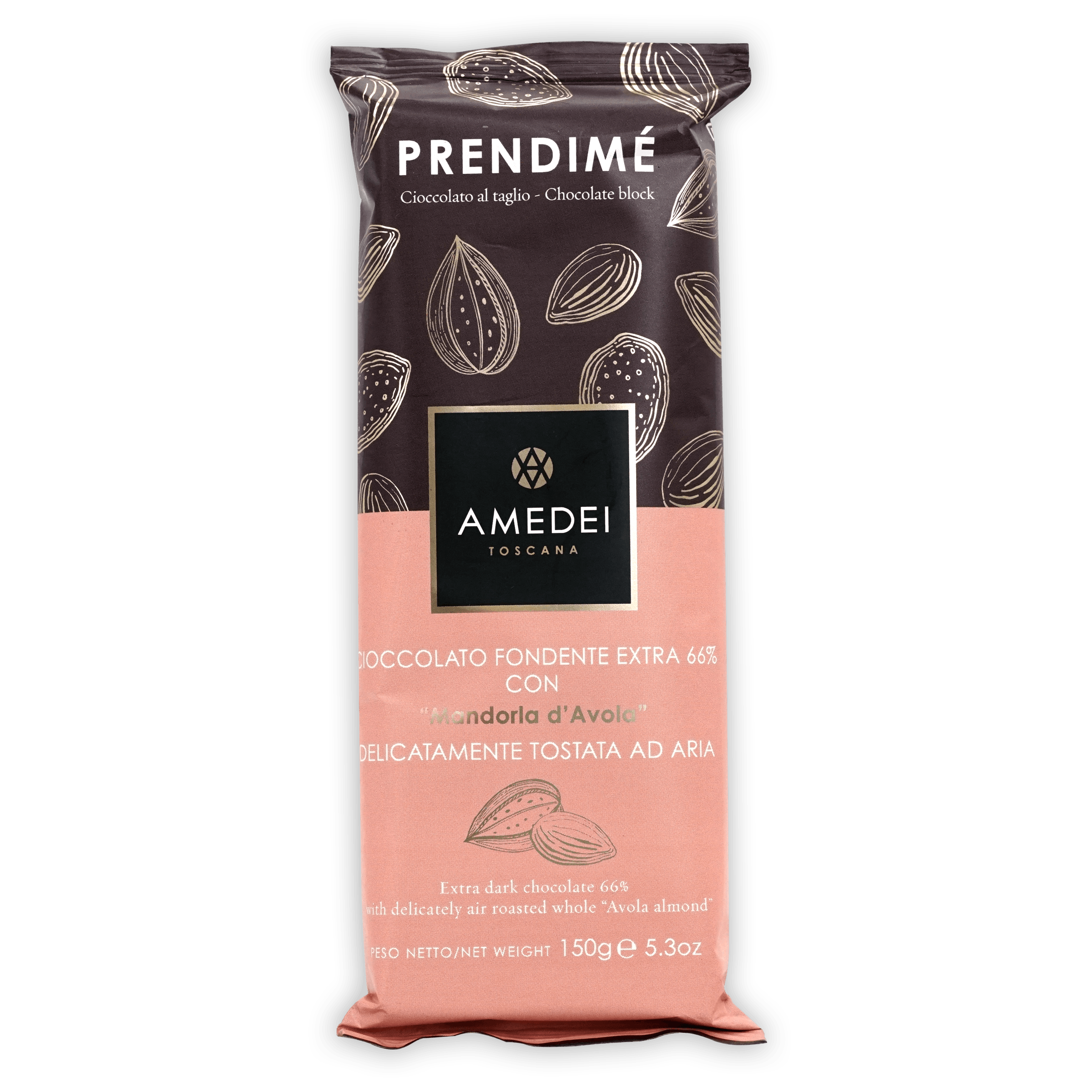 Amedei Prendime 66% dark chocolate with Avola almonds 150g in pink foil