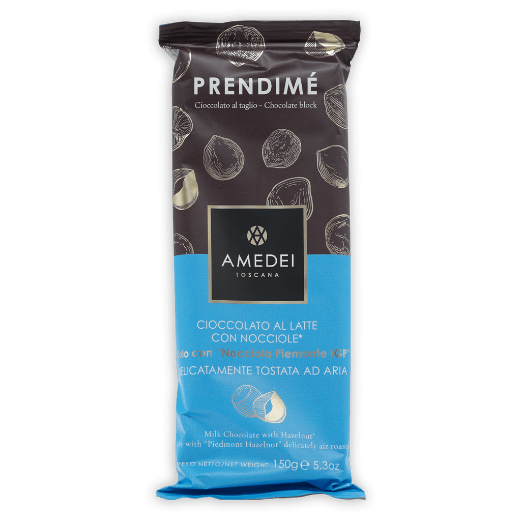 Amedei Prendime milk chocolate with hazelnuts 150g bar in black blue wrapper