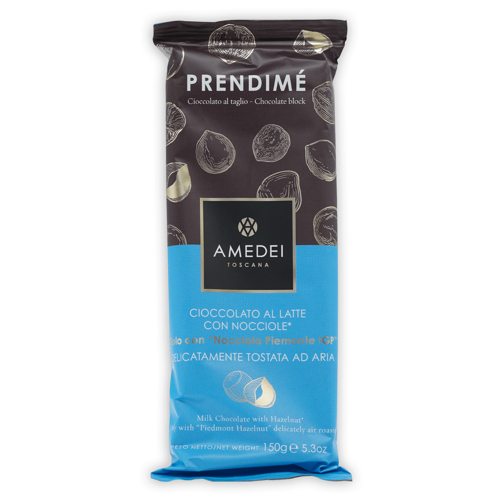 Amedei Prendime milk chocolate with hazelnuts 150g bar in black blue wrapper
