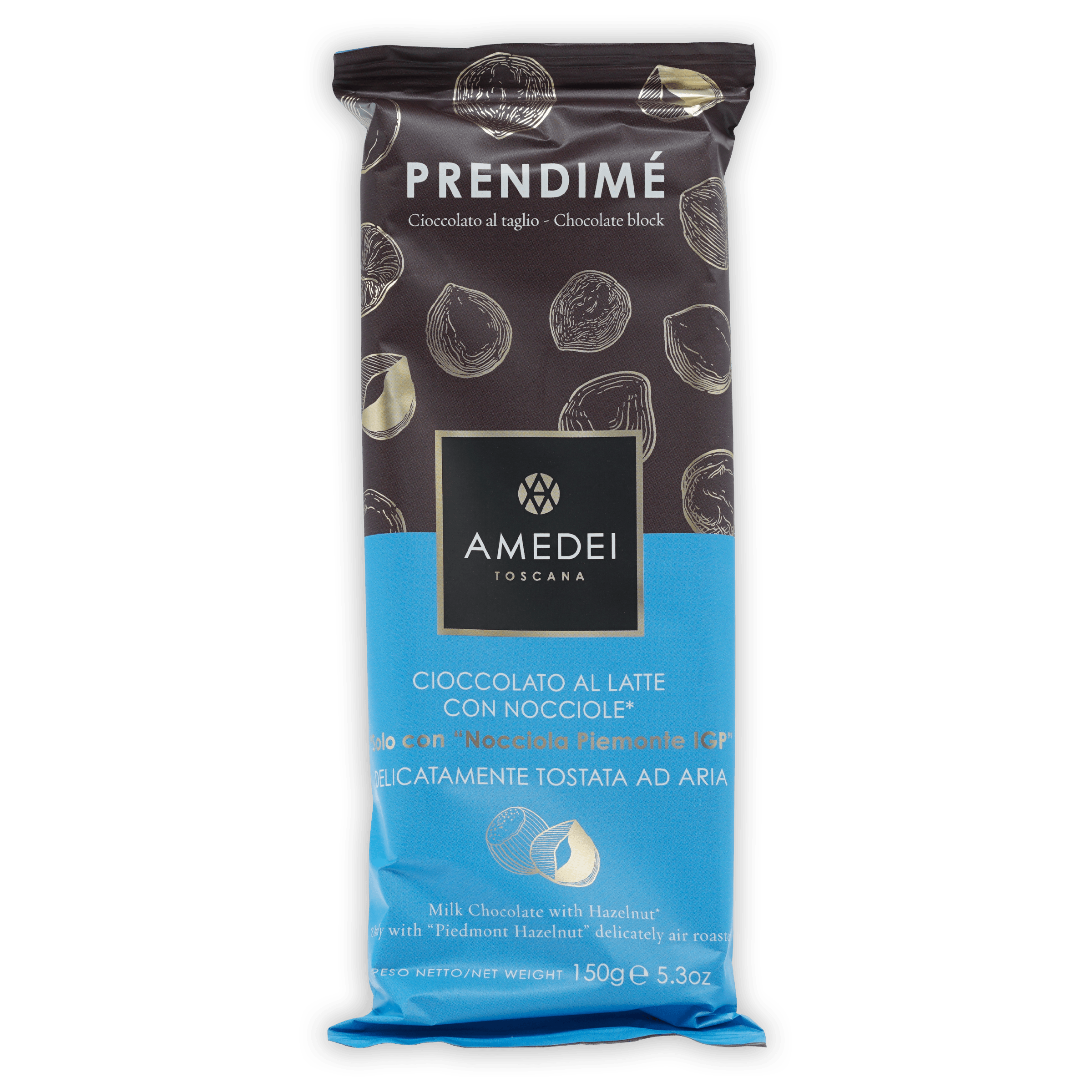 Amedei Prendime milk chocolate with hazelnuts 150g bar in black blue wrapper