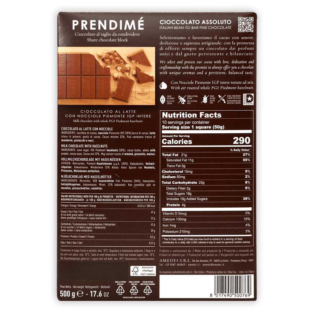 Amedei Prendimé milk chocolate with PGI Piedmont hazelnuts bar, 500g