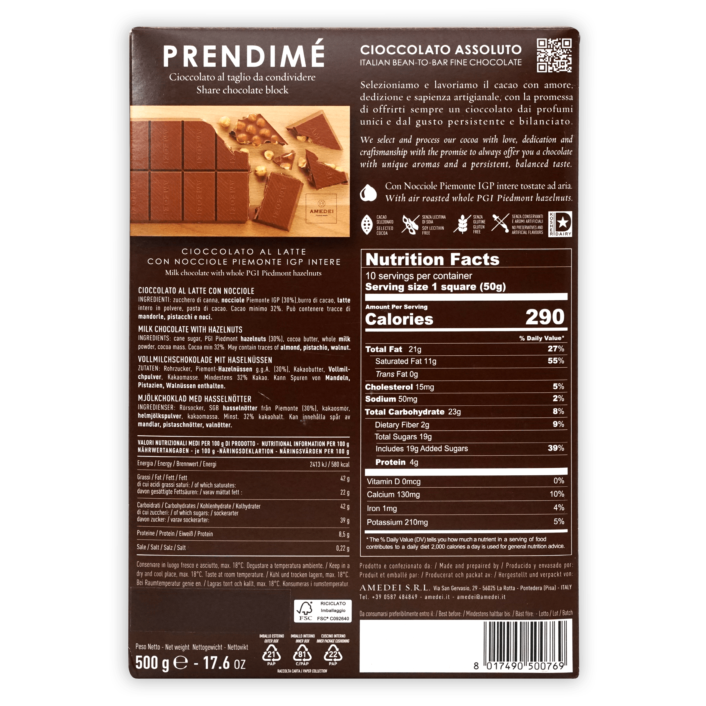 Amedei Prendimé milk chocolate with PGI Piedmont hazelnuts bar, 500g