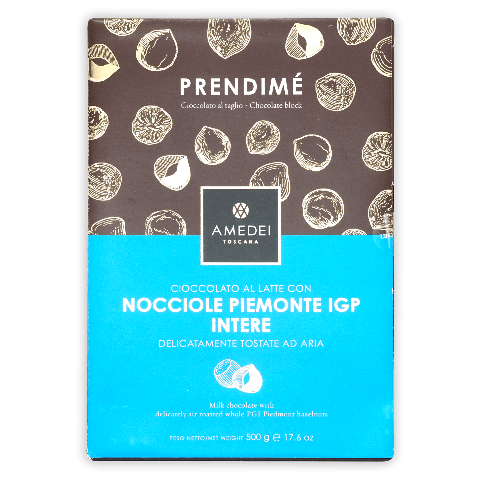 Amedei Prendimé 500g milk chocolate block with Piedmont hazelnuts