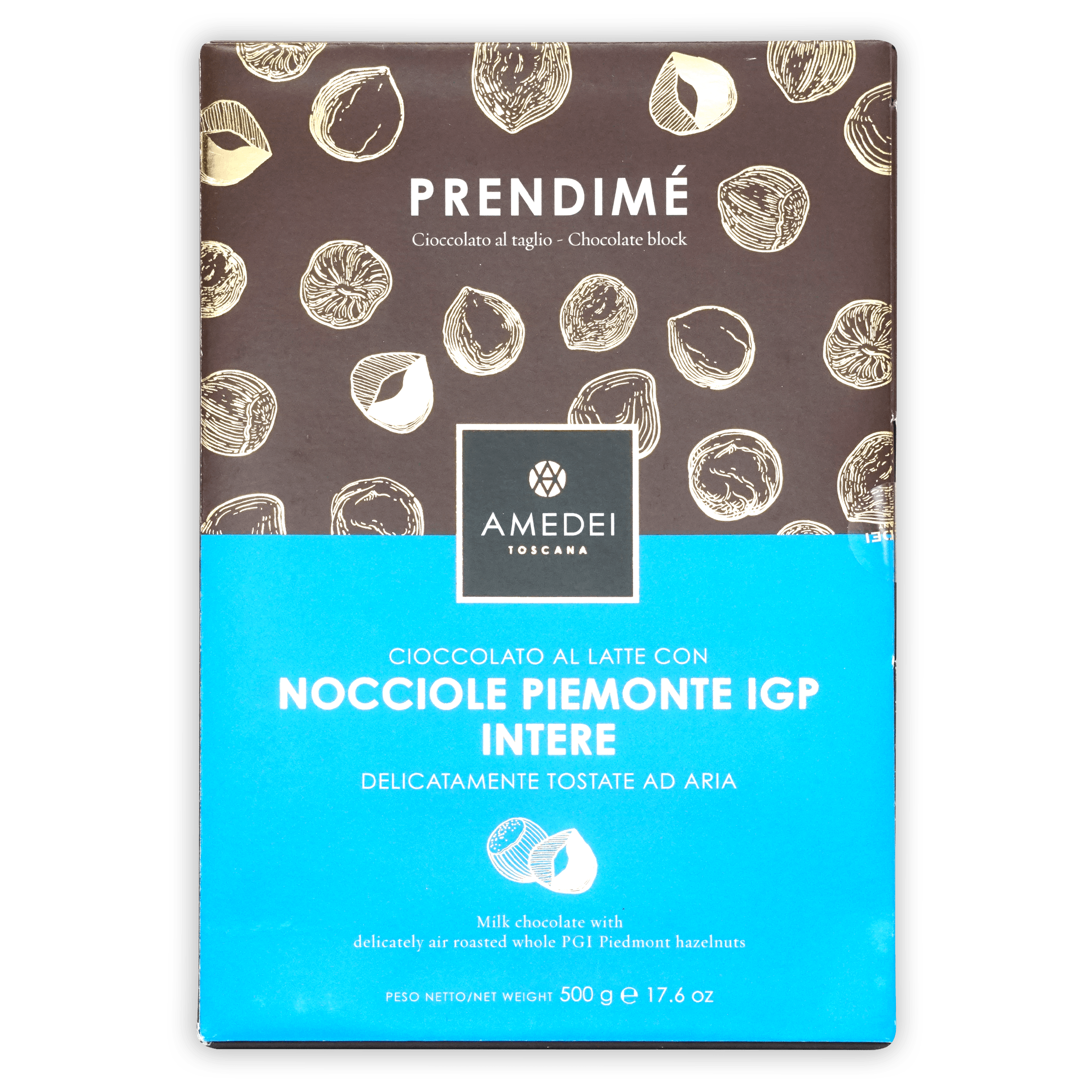 Amedei Prendimé 500g milk chocolate block with Piedmont hazelnuts