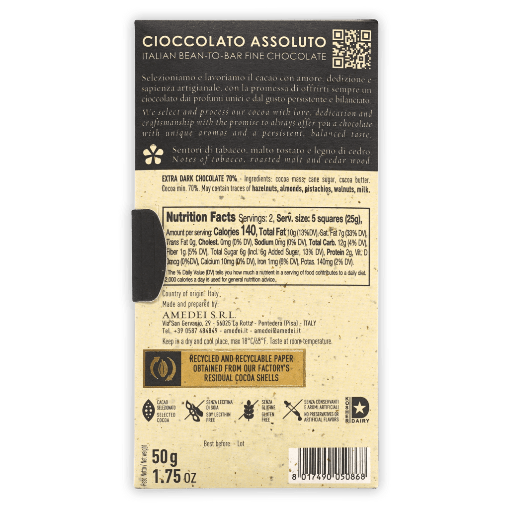 Amedei Toscano Black 70% 50g cioccolato assoluto bar back view