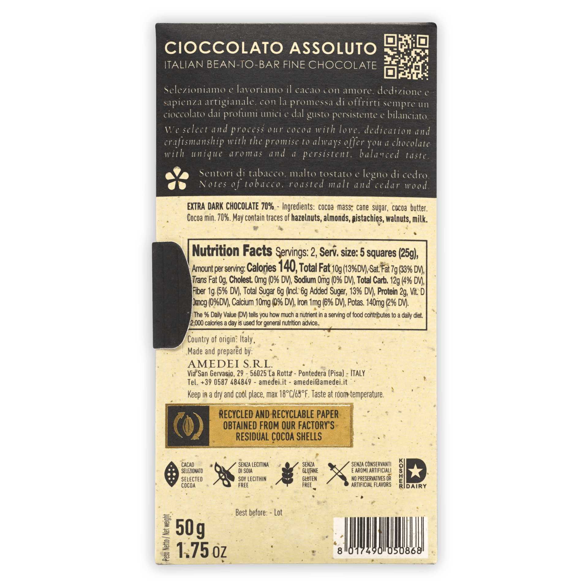 Amedei Toscano Black 70% 50g cioccolato assoluto bar back view