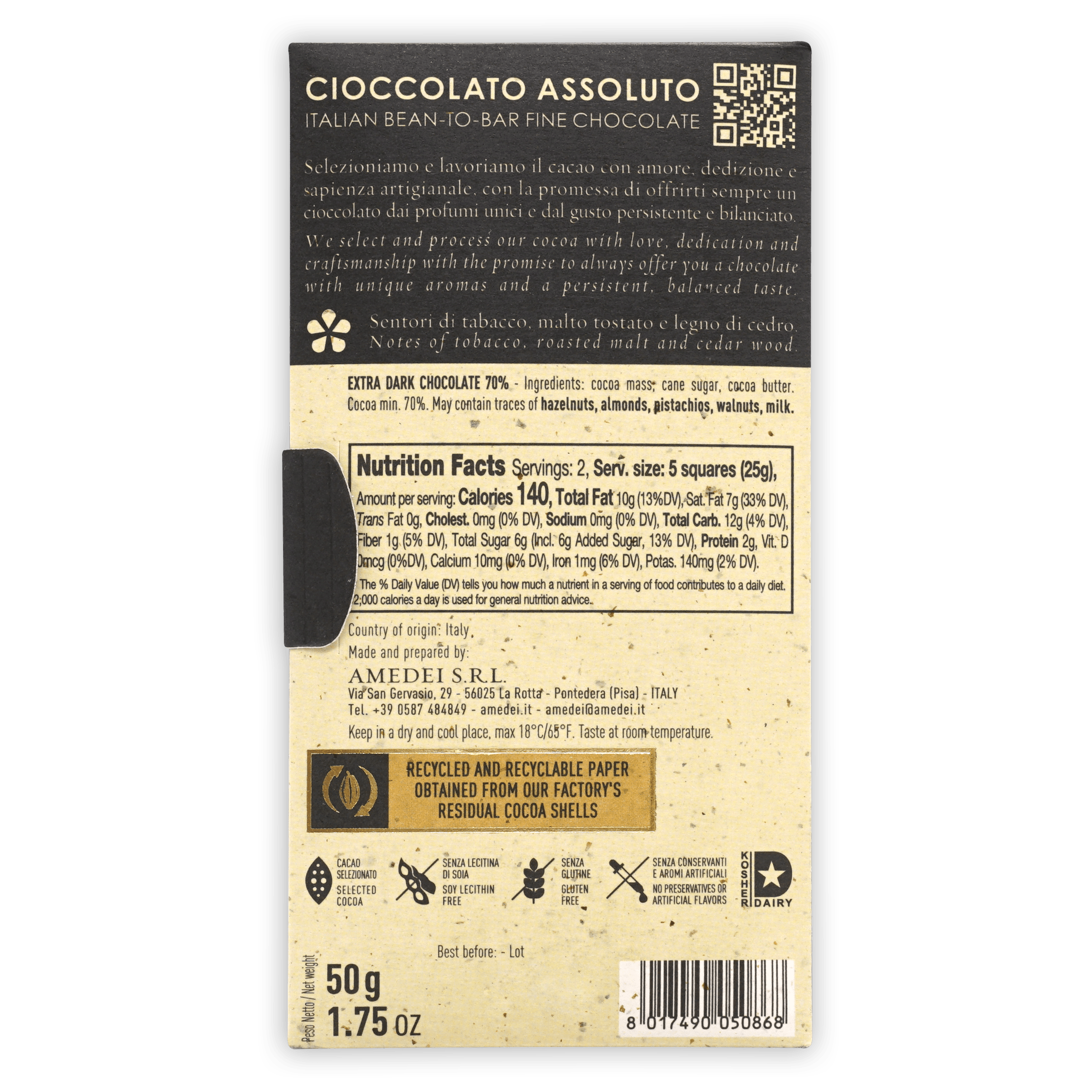 Amedei Toscano Black 70% 50g cioccolato assoluto bar back view