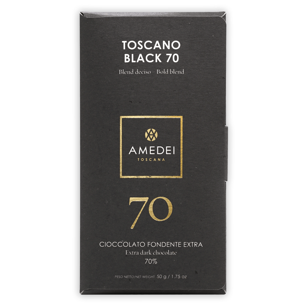 Amedei Toscano Black 70% extra dark chocolate sleek black package