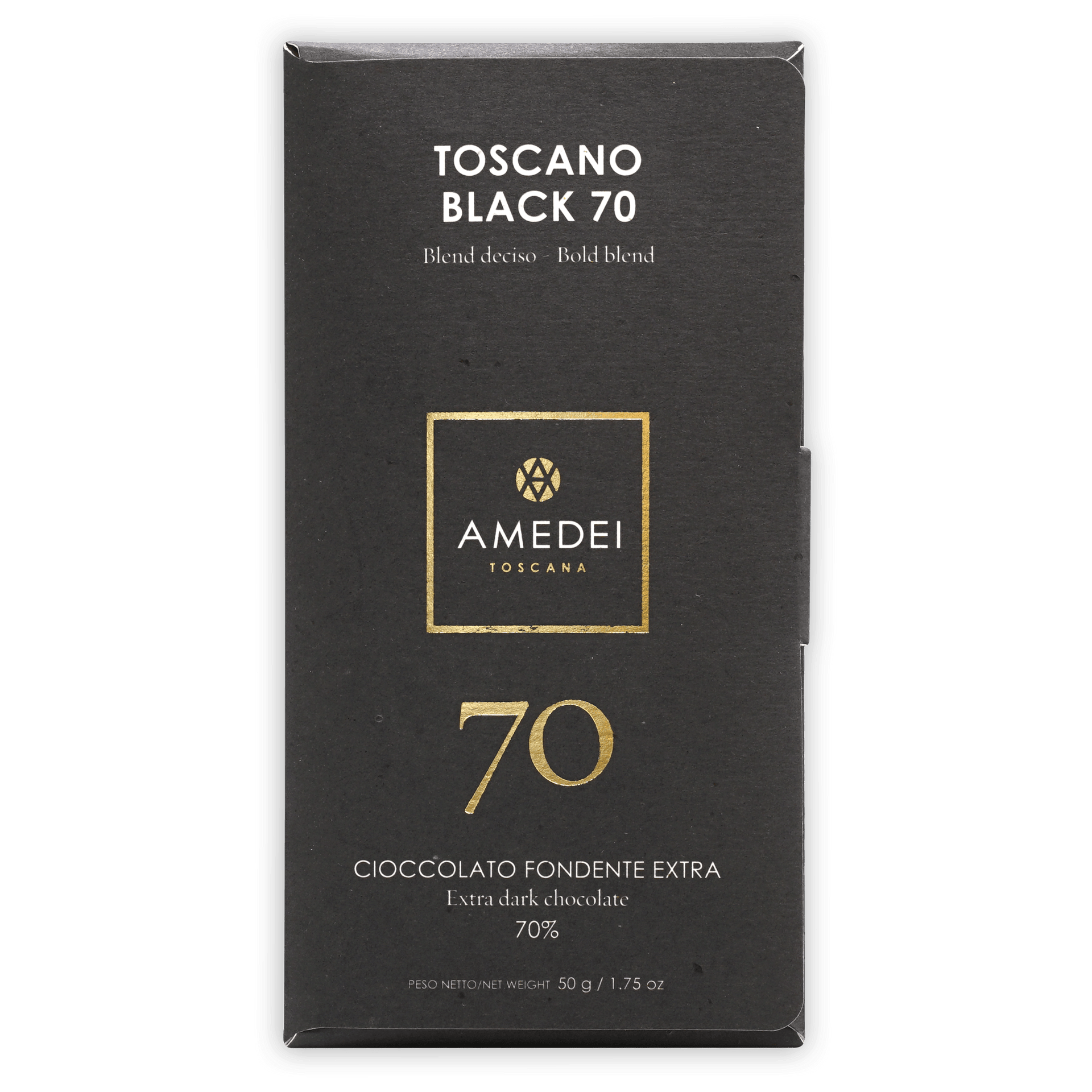 Amedei Toscano Black 70% extra dark chocolate sleek black package
