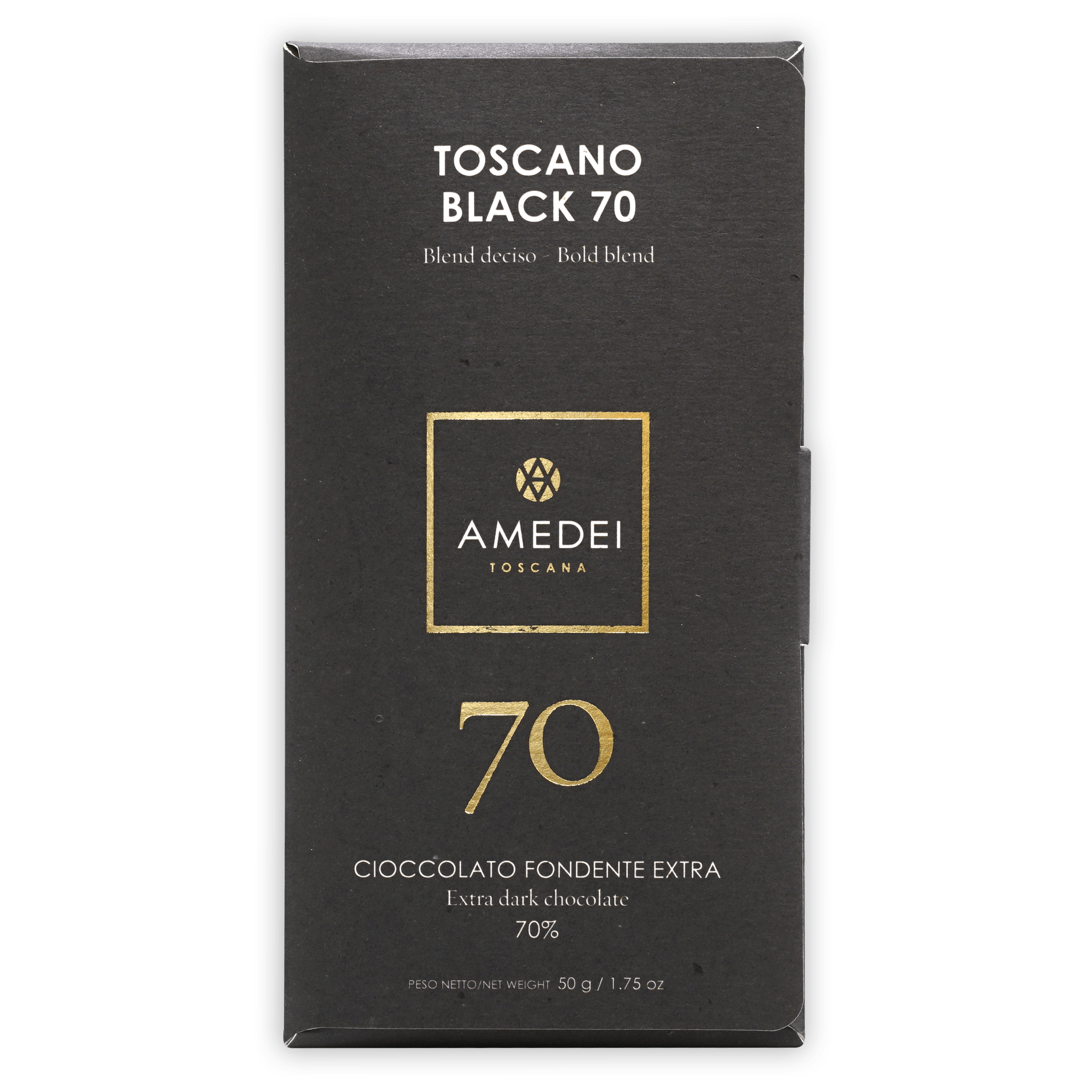 Amedei Toscano Black 70% extra dark chocolate sleek black package