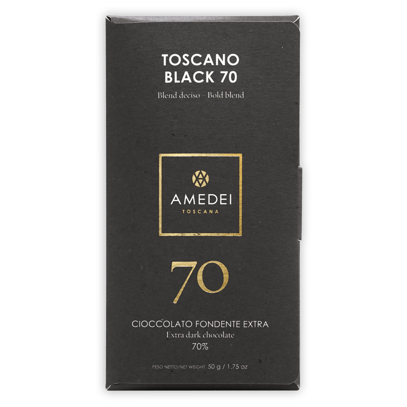 Amedei Toscano Black 70% extra dark chocolate sleek black package