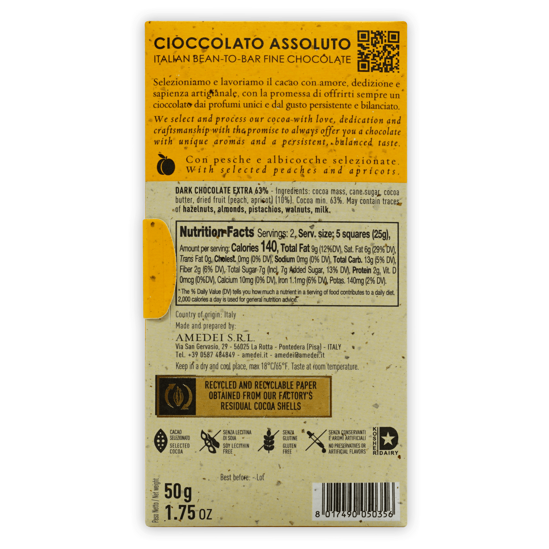 Amedei Toscano Blond 63% yellow beige wrapper with Italian text QR code