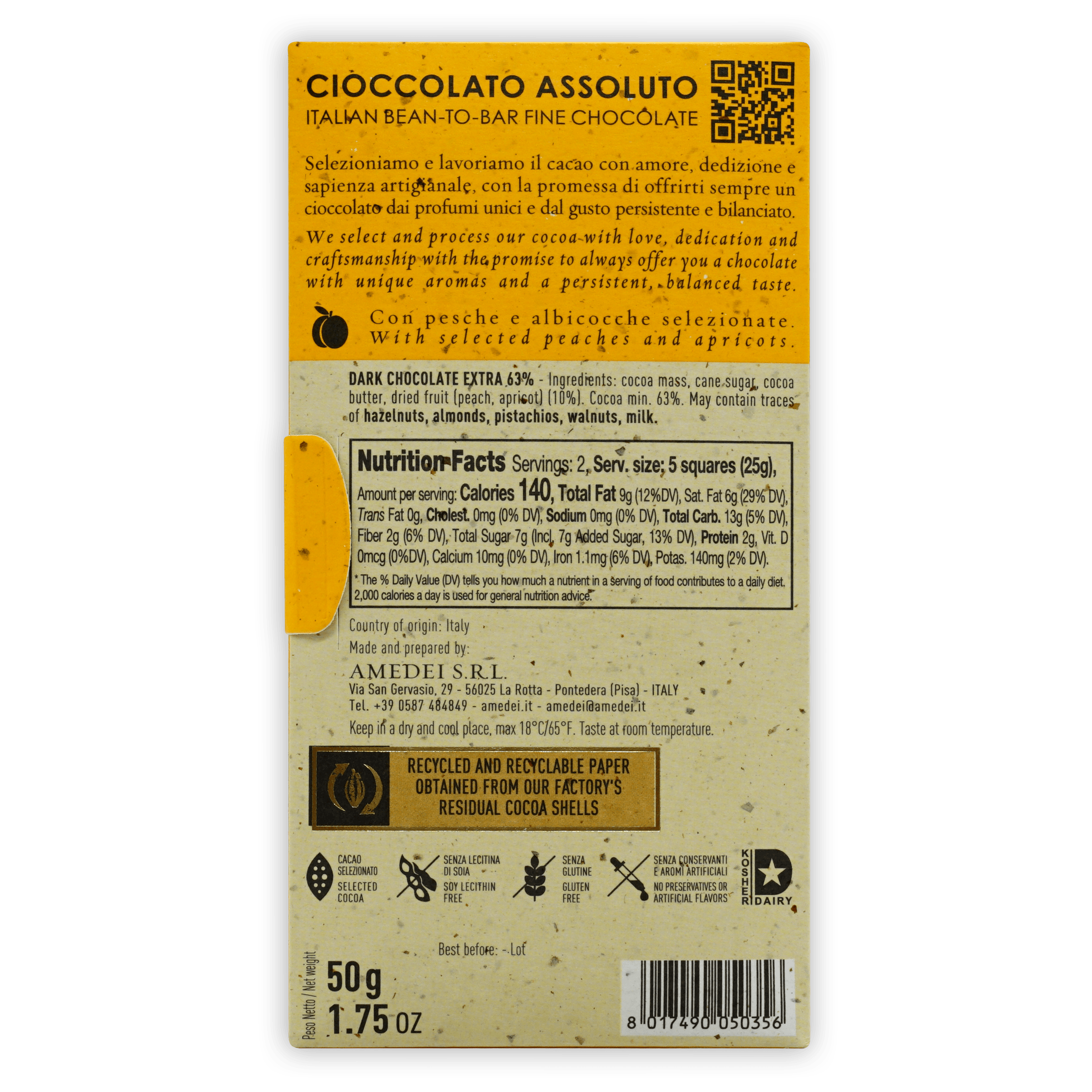 Amedei Toscano Blond 63% yellow beige wrapper with Italian text QR code