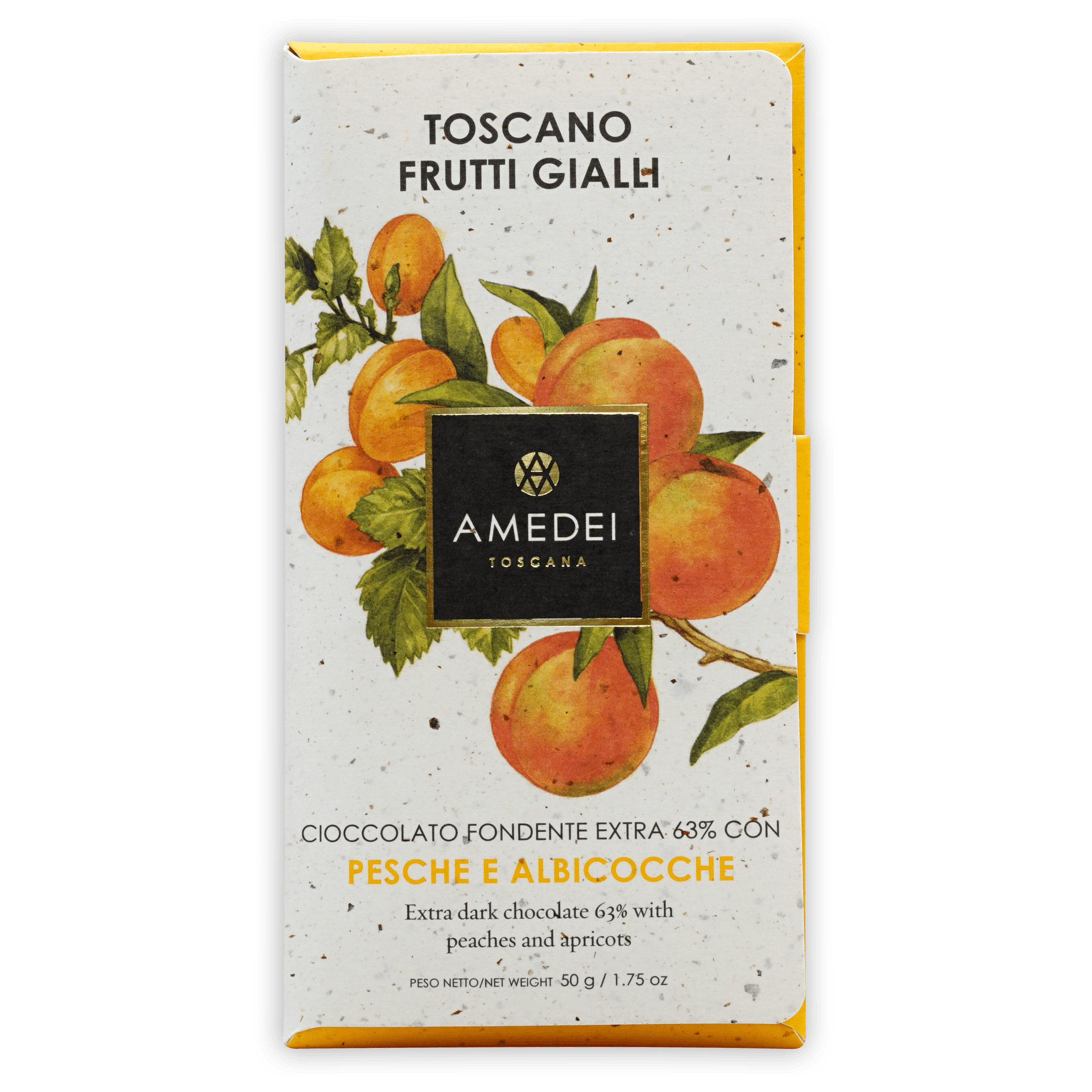 Amedei Toscano Blond 63% extra dark chocolate bar with peach apricot wrapper