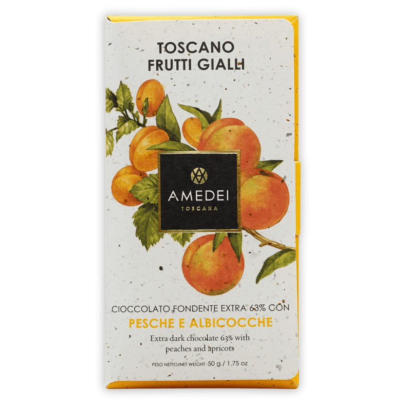 Amedei Toscano Blond 63% extra dark chocolate bar with peach apricot wrapper