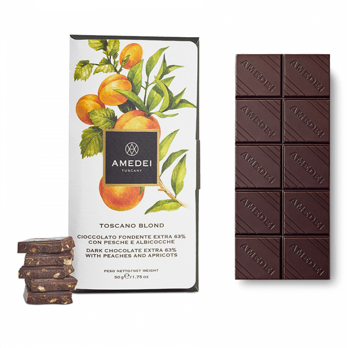 Amedei Toscano Blond 63% dark chocolate bar with peach apricot wrapper