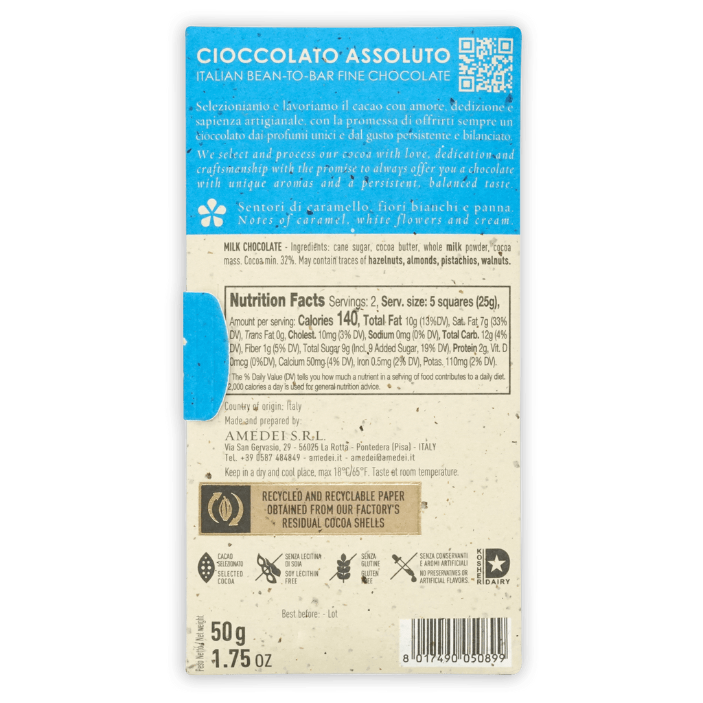 Back of Amedei Toscano Brown Latte 50g milk chocolate bar label
