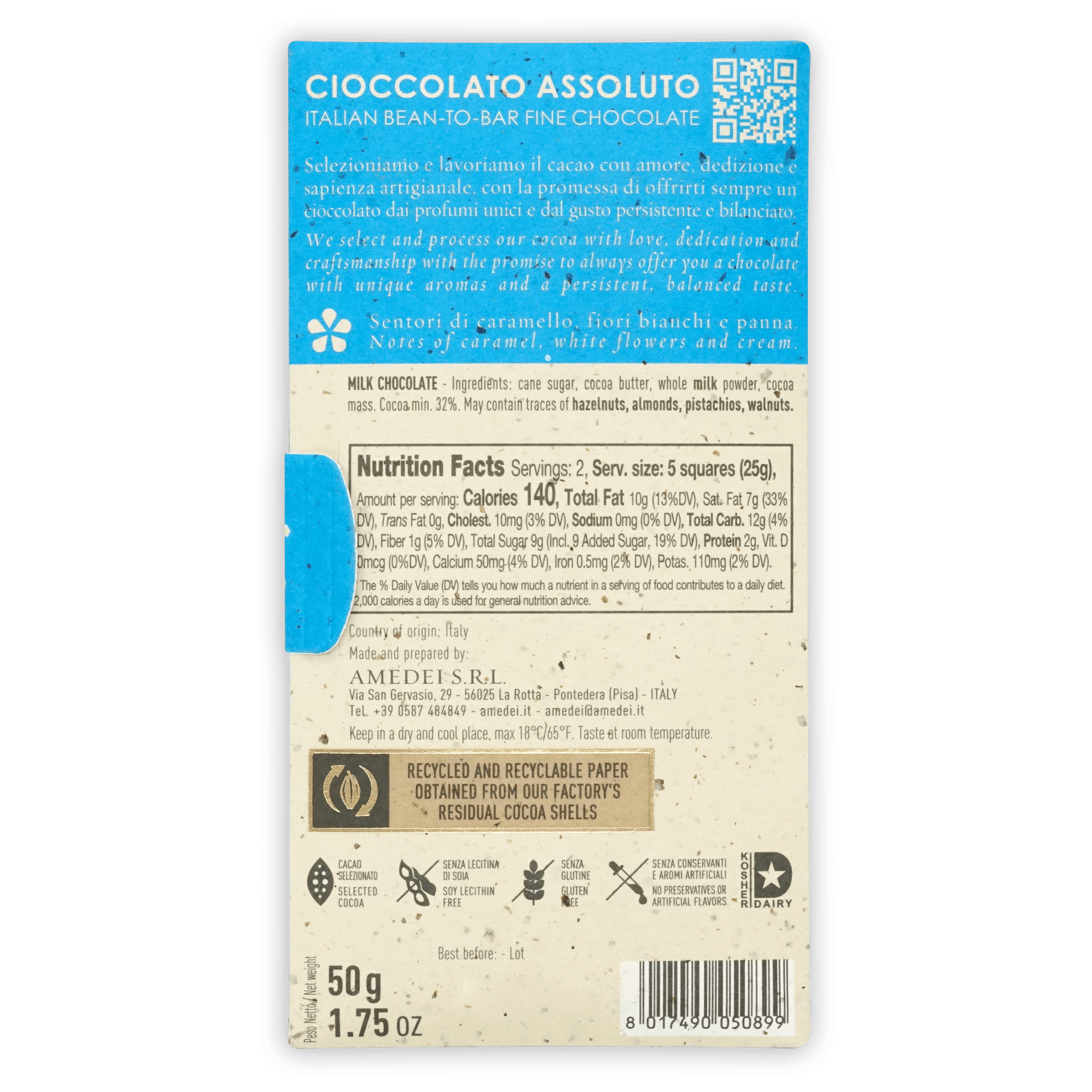 Back of Amedei Toscano Brown Latte 50g milk chocolate bar label