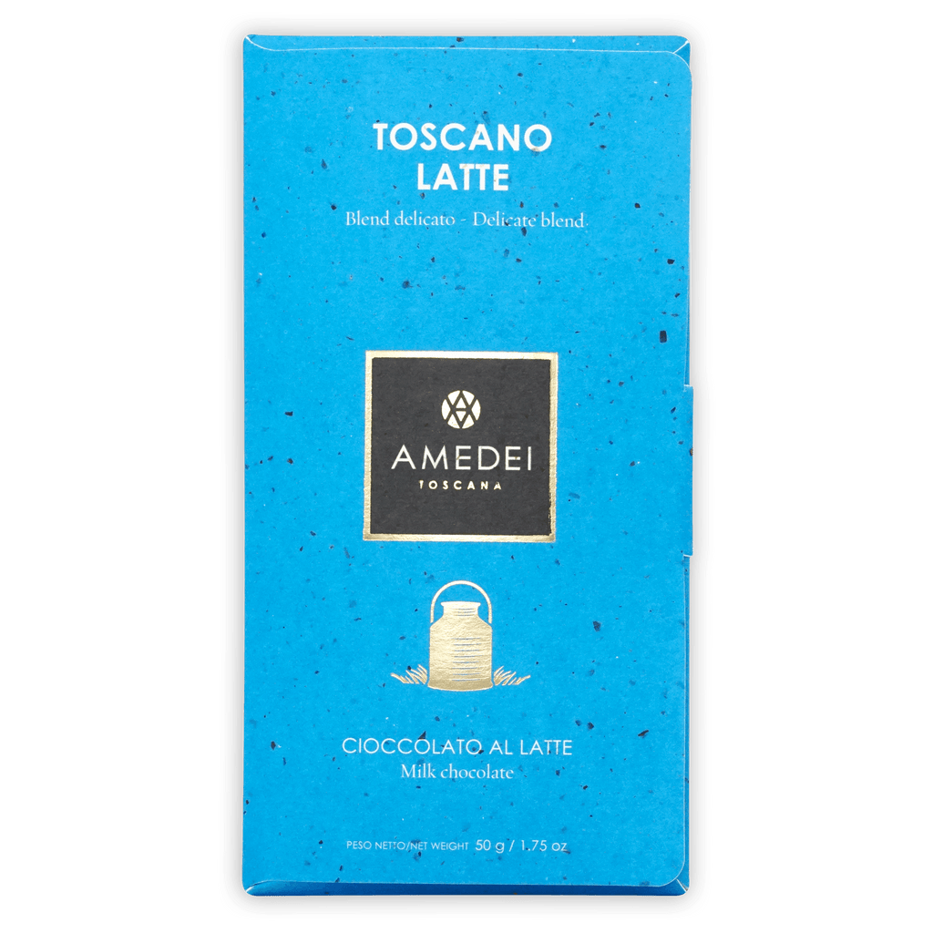 Amedei Toscano Latte milk chocolate bar in vibrant blue package with gold logo