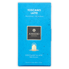 Amedei Toscano Latte milk chocolate bar in vibrant blue package with gold logo