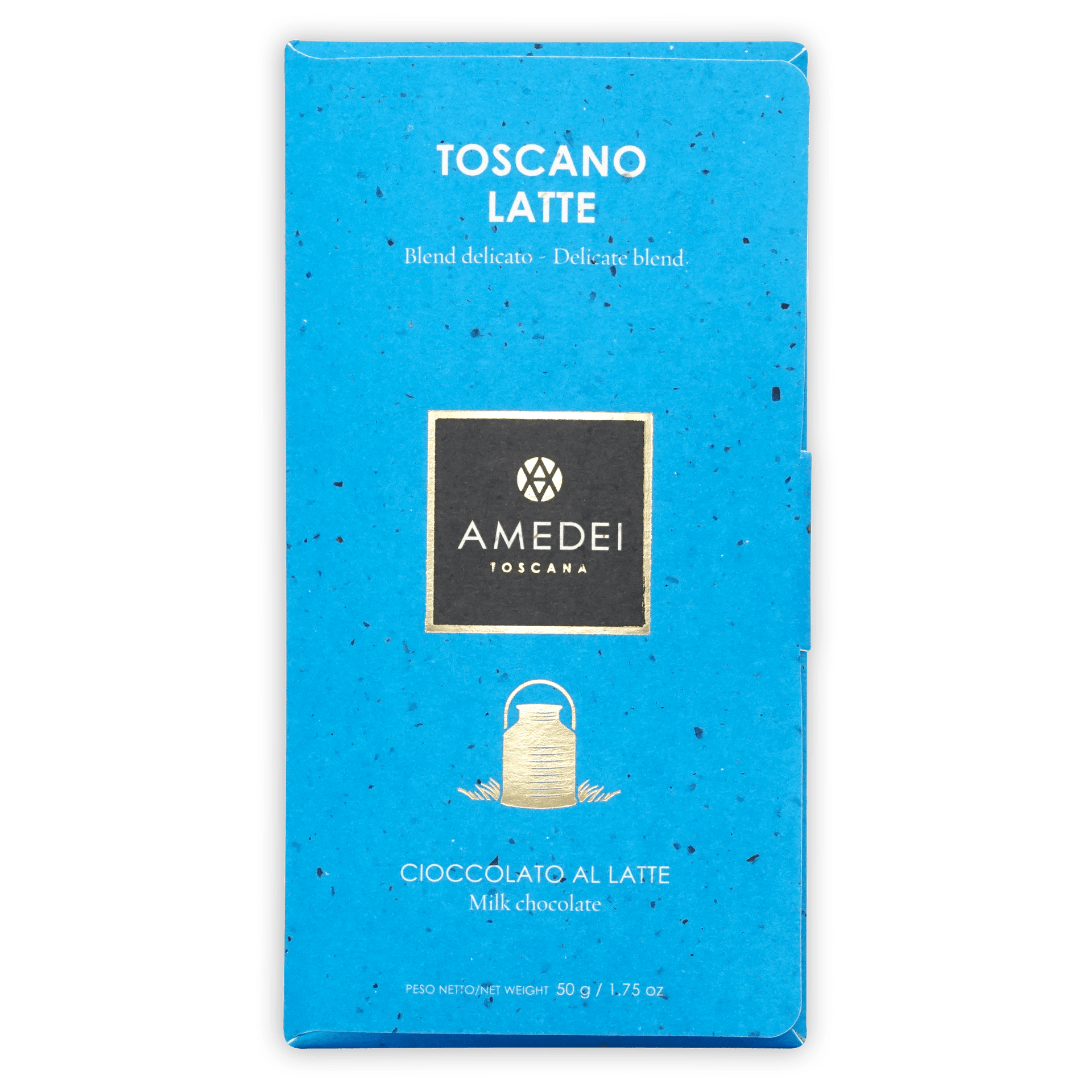 Amedei Toscano Latte milk chocolate bar in vibrant blue package with gold logo
