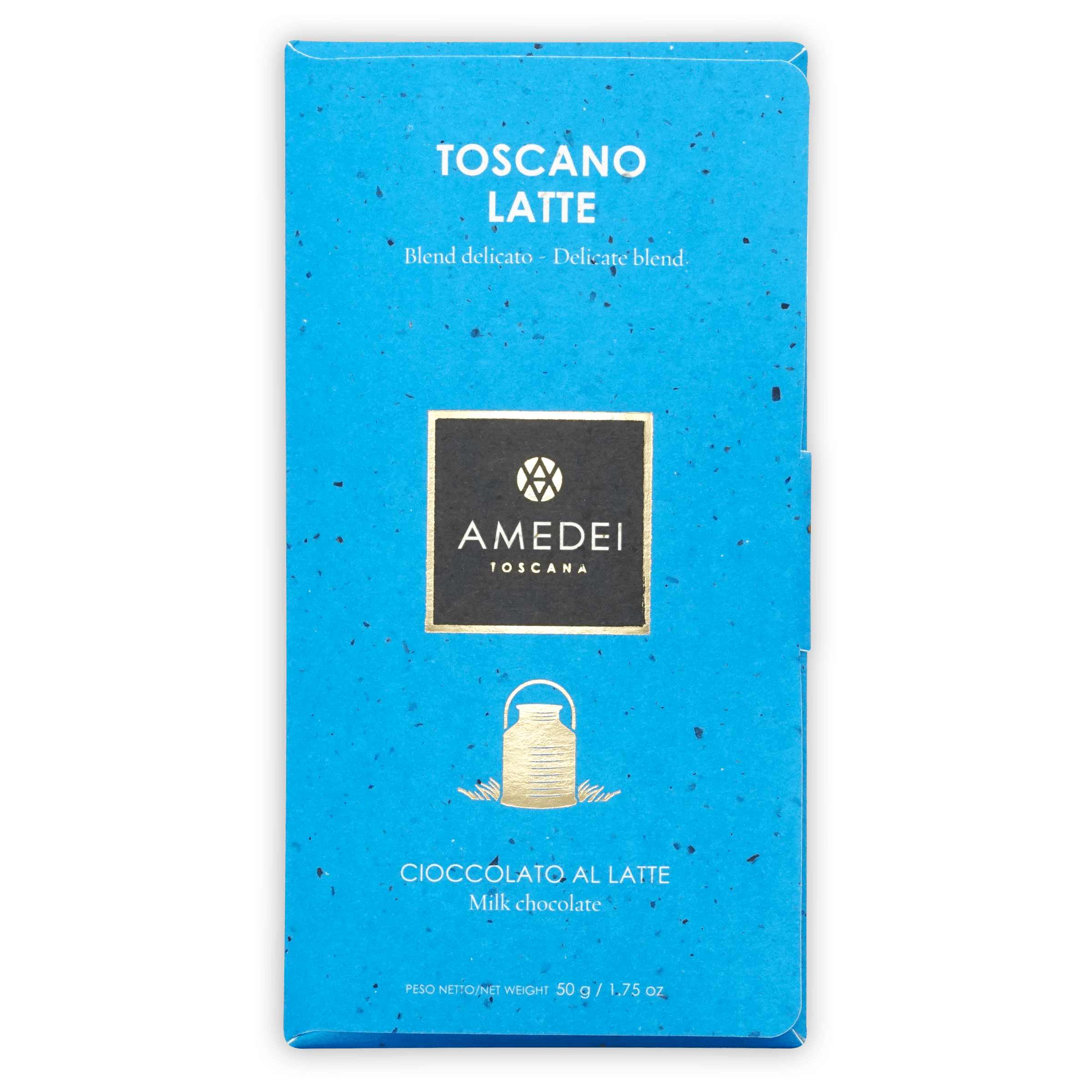Amedei Toscano Latte milk chocolate bar in vibrant blue package with gold logo