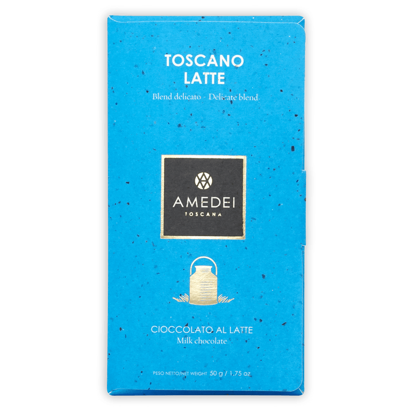 Amedei Toscano Latte milk chocolate bar in vibrant blue package with gold logo