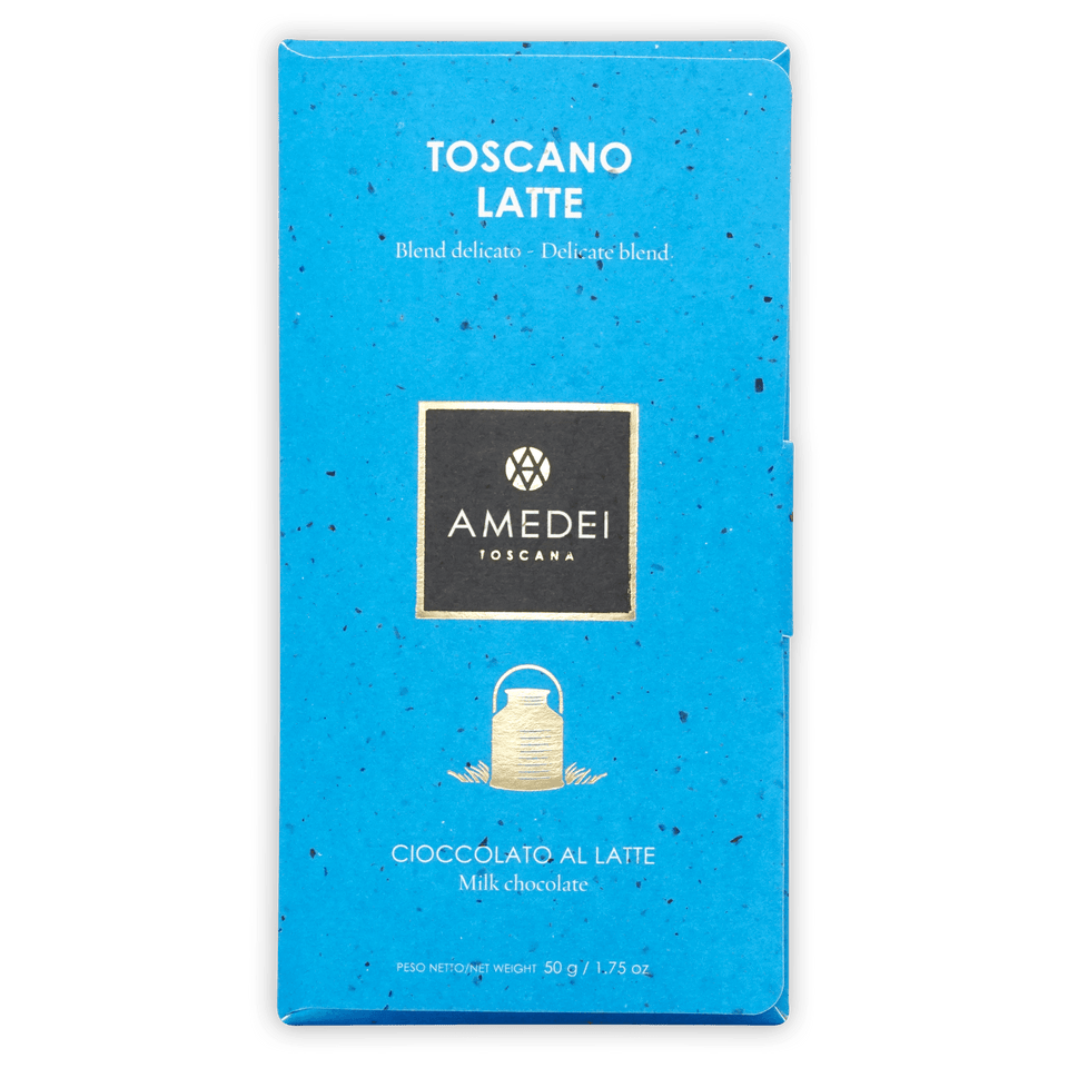 Amedei Toscano Latte milk chocolate bar in vibrant blue package with gold logo