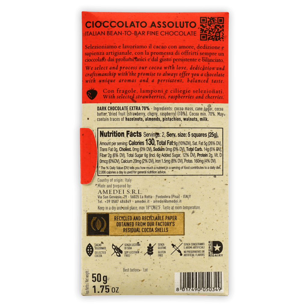 Back of Amedei Toscano Red 70% red cream wrapper with Italian English text