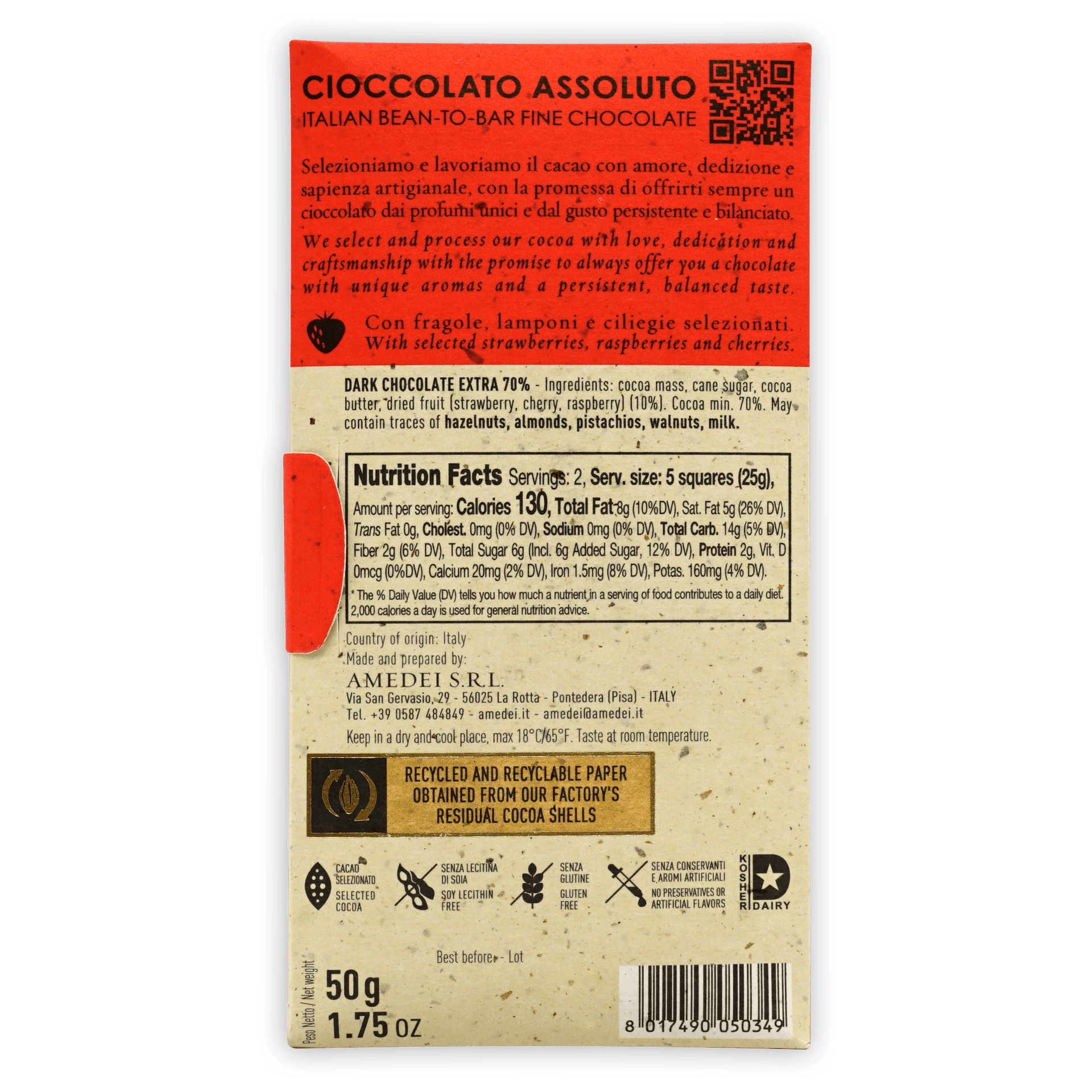 Back of Amedei Toscano Red 70% red cream wrapper with Italian English text