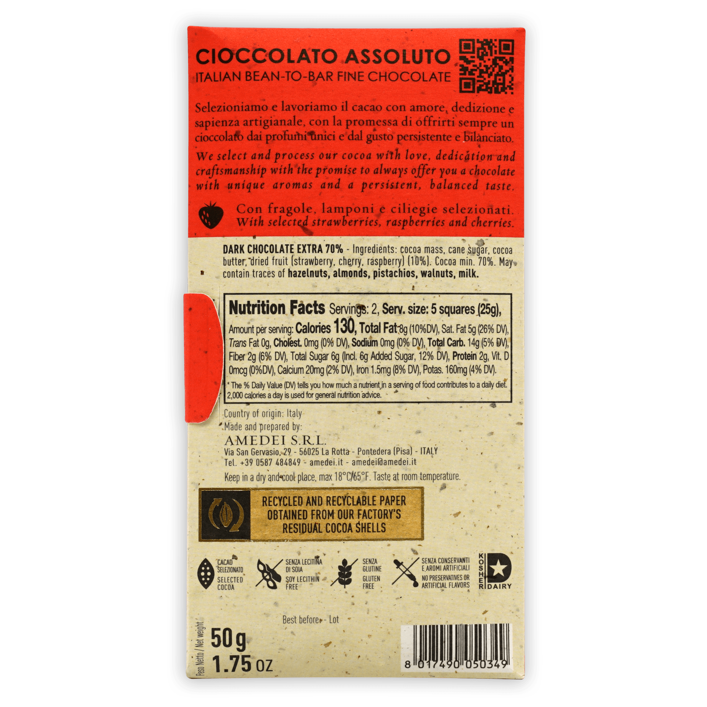 Back of Amedei Toscano Red 70% red cream wrapper with Italian English text
