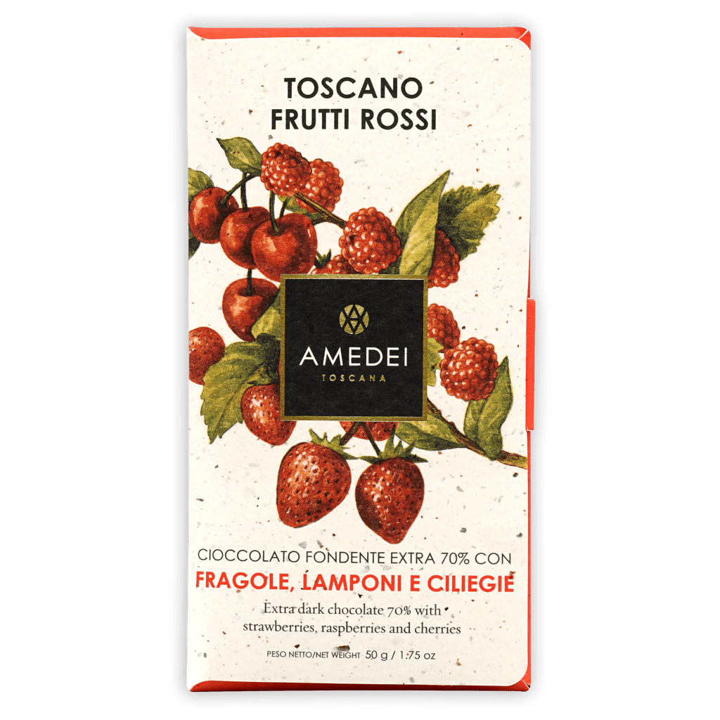 Amedei Toscano Red 70% extra dark chocolate bar with red berries