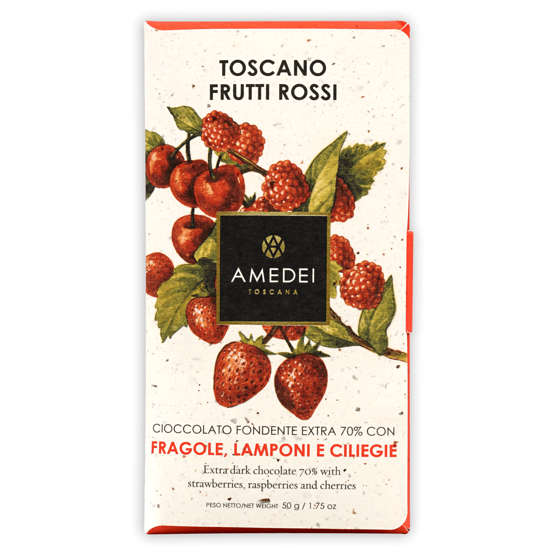 Amedei Toscano Red 70% extra dark chocolate bar with red berries