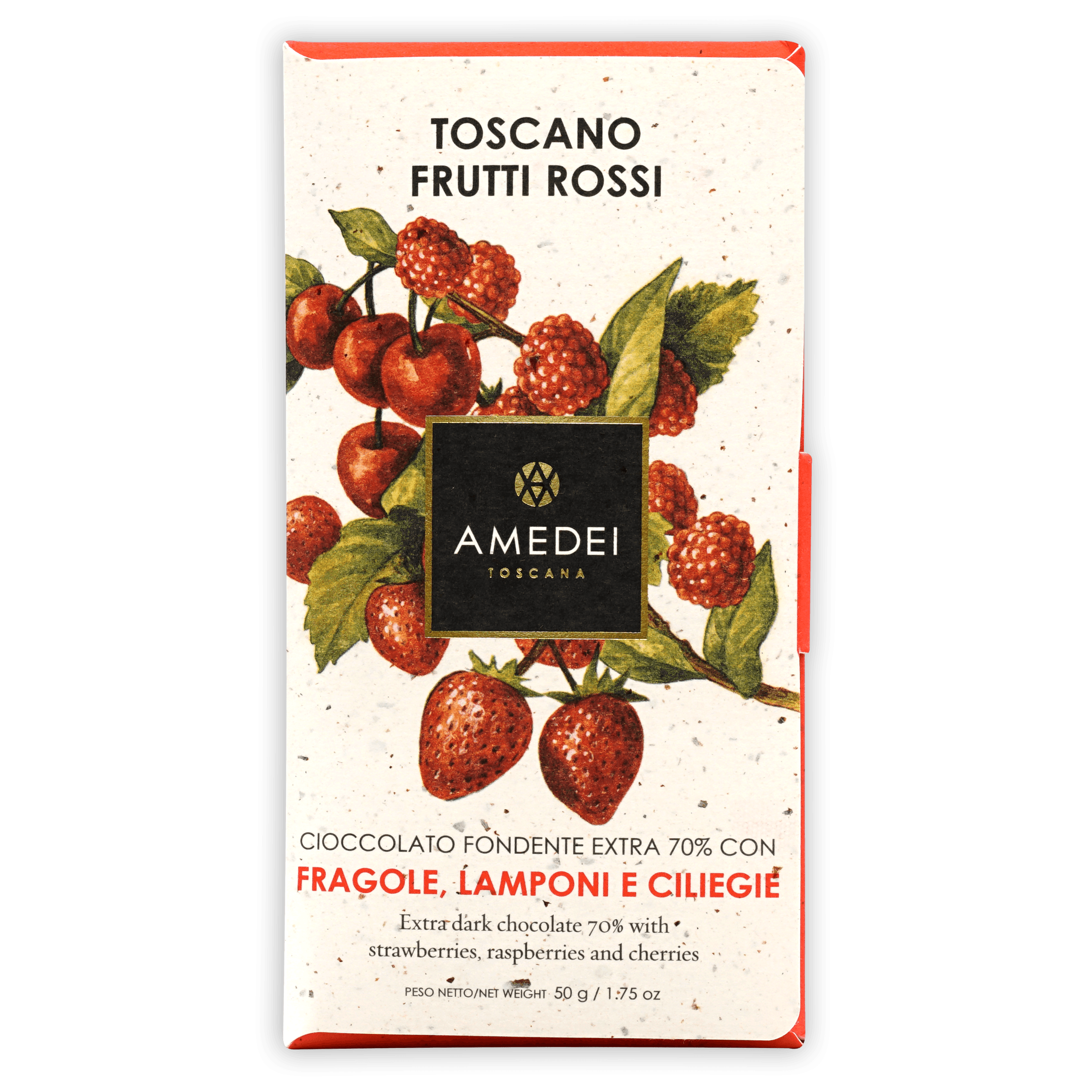 Amedei Toscano Red 70% extra dark chocolate bar with red berries
