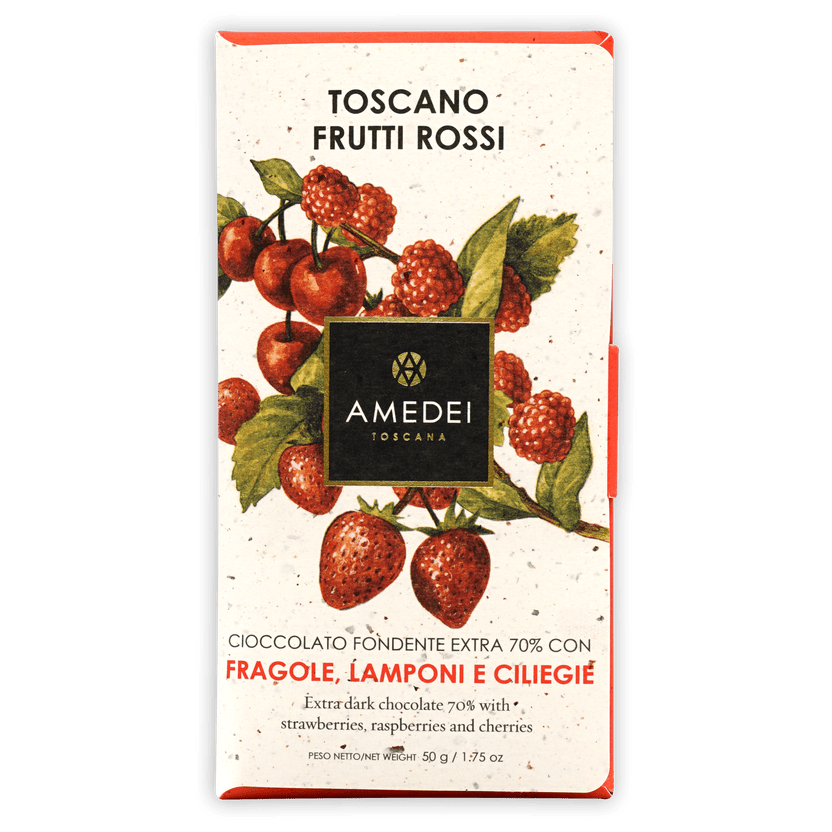 Amedei Toscano Red 70% extra dark chocolate bar with red berries