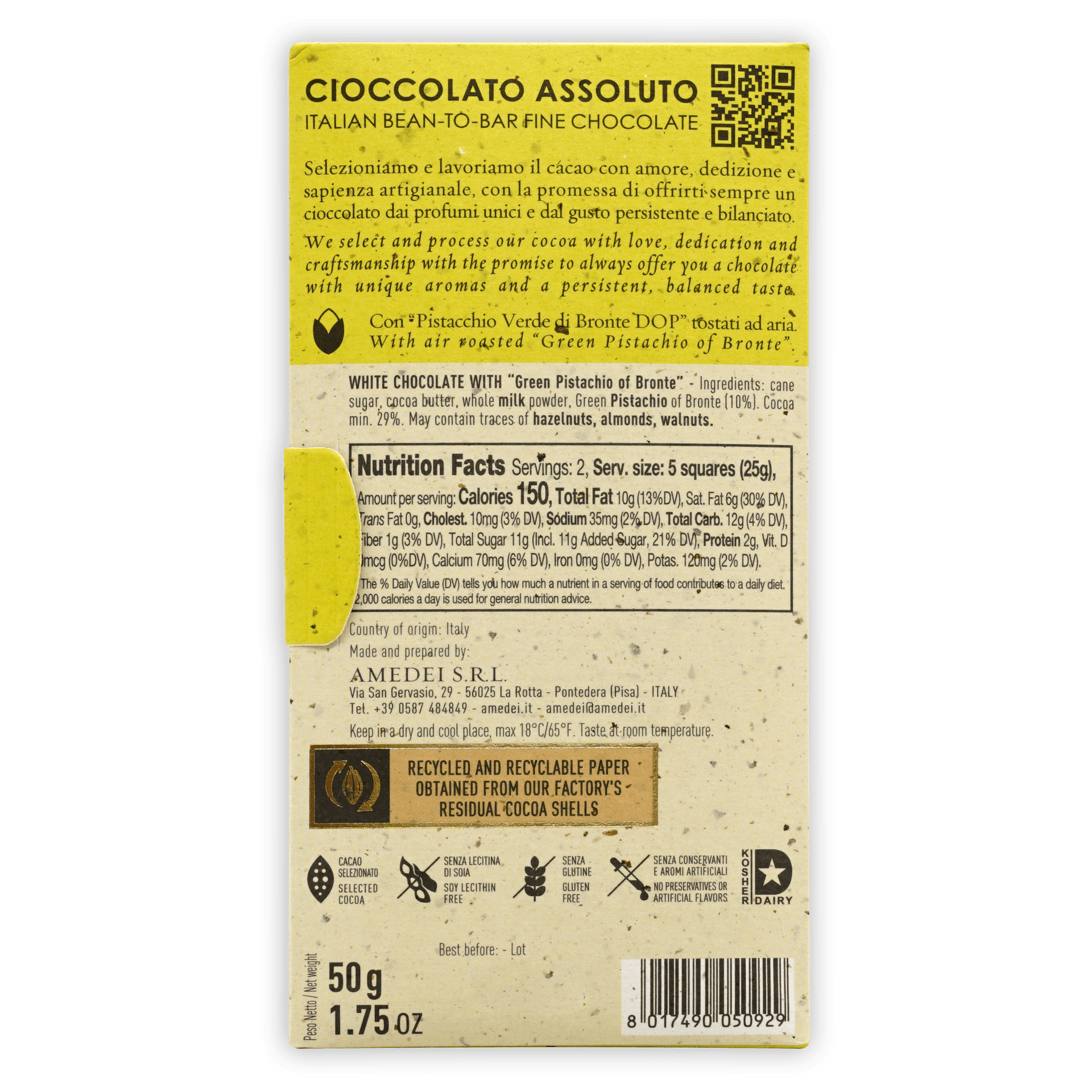 Amedei White Milk Chocolate w/ Pistachios 29% 50g bar packaging