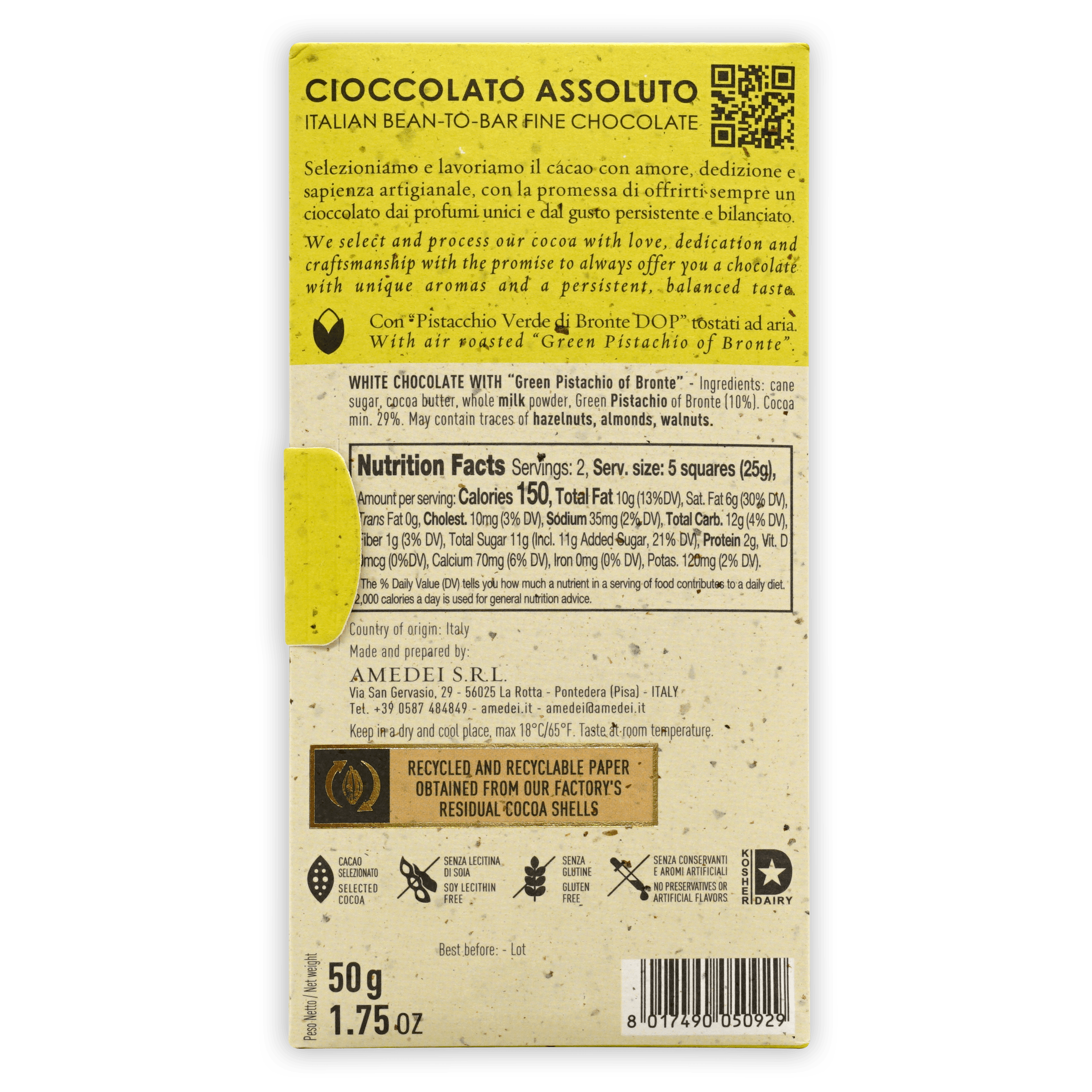 Amedei White Milk Chocolate w/ Pistachios 29% 50g bar packaging