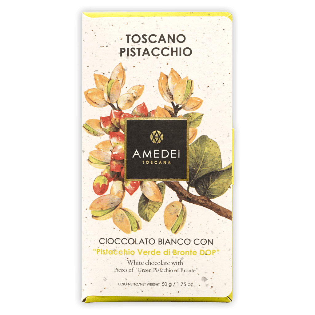 Amedei Toscana Toscano pistachio white chocolate bar wrapper