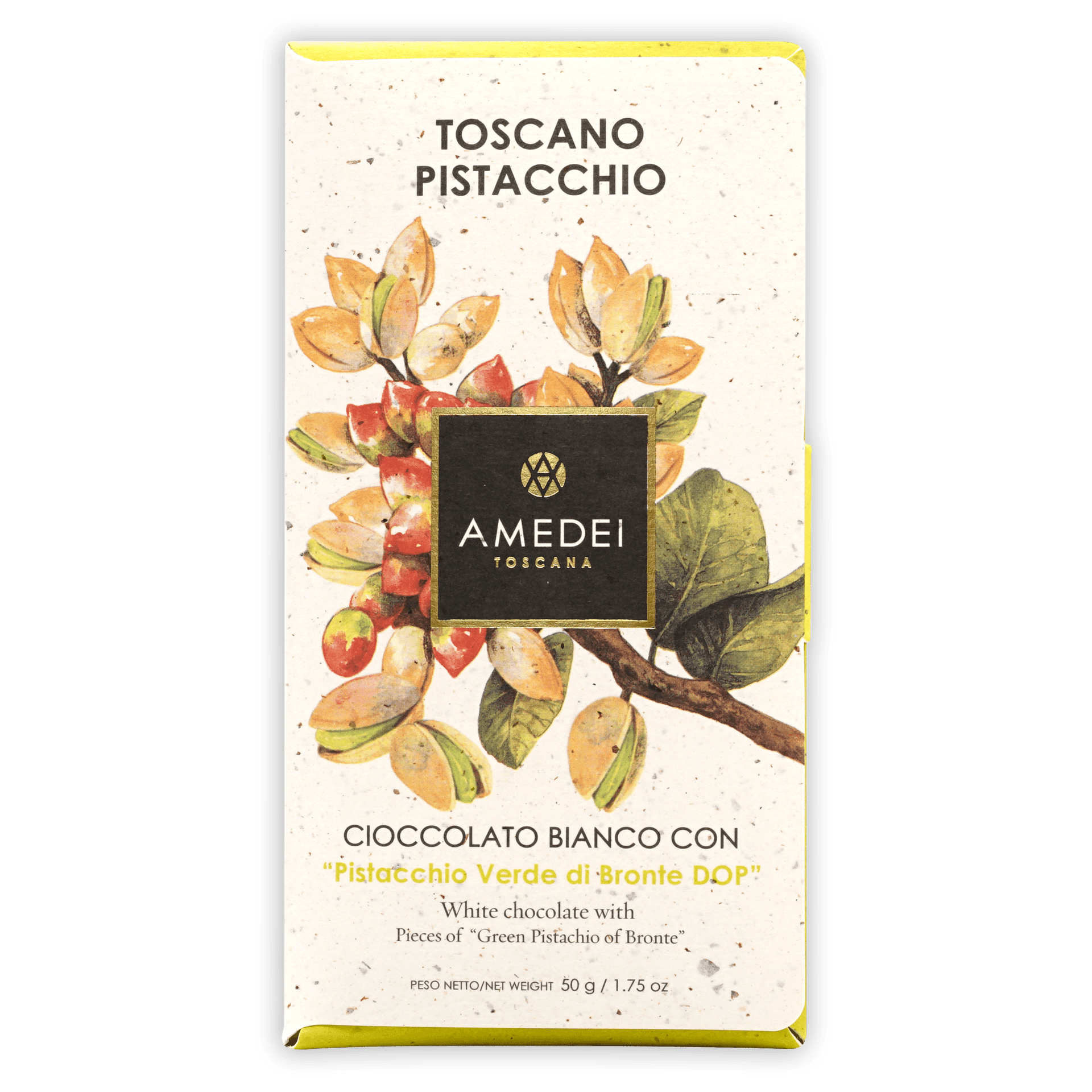Amedei Toscana Toscano pistachio white chocolate bar wrapper