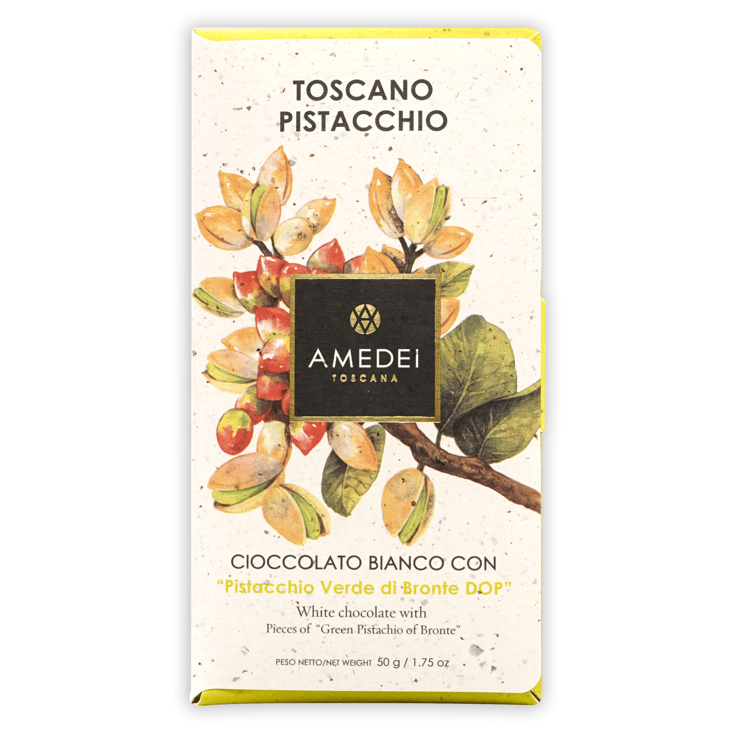 Amedei Toscana Toscano pistachio white chocolate bar wrapper