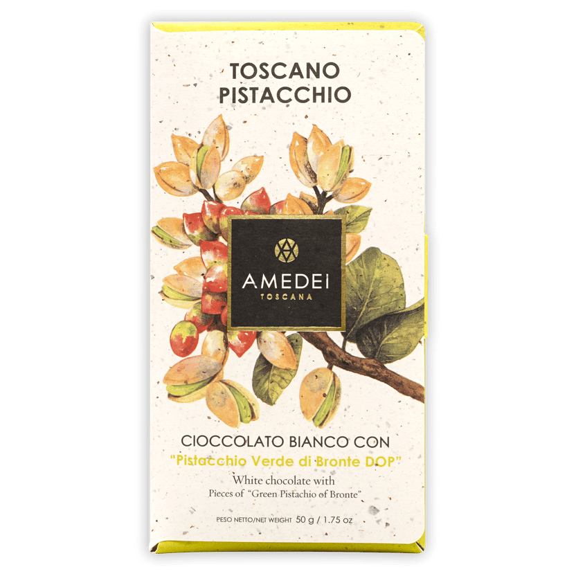 Amedei Toscana Toscano pistachio white chocolate bar wrapper