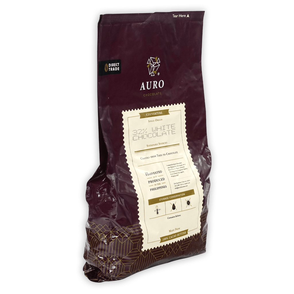 Aurora 32% white chocolate coins 1kg bulk bag, direct trade, purple gold accents